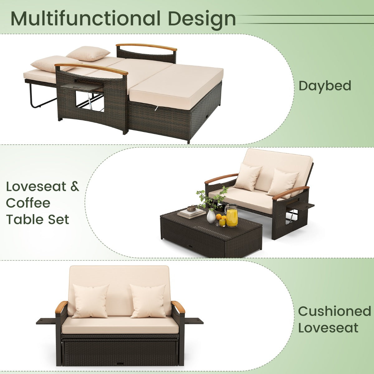 LIVSK Multifunctionele Set Buitenmeubilair - Loveseat, Dagbed, Koffietafel - Verstelbare Rugleuning - PE Rotan - Gemengd Bruin