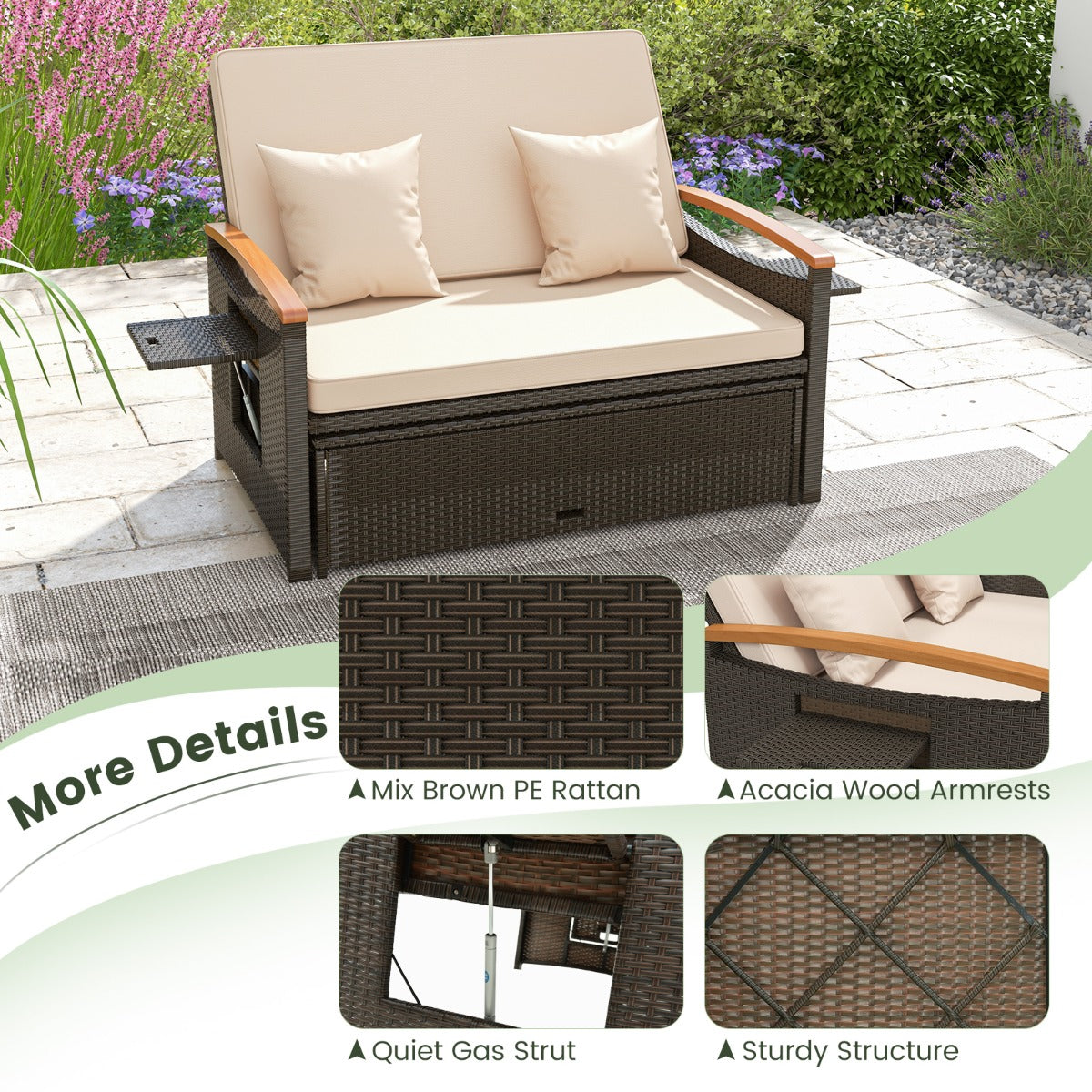 LIVSK Multifunctionele Set Buitenmeubilair - Loveseat, Dagbed, Koffietafel - Verstelbare Rugleuning - PE Rotan - Gemengd Bruin