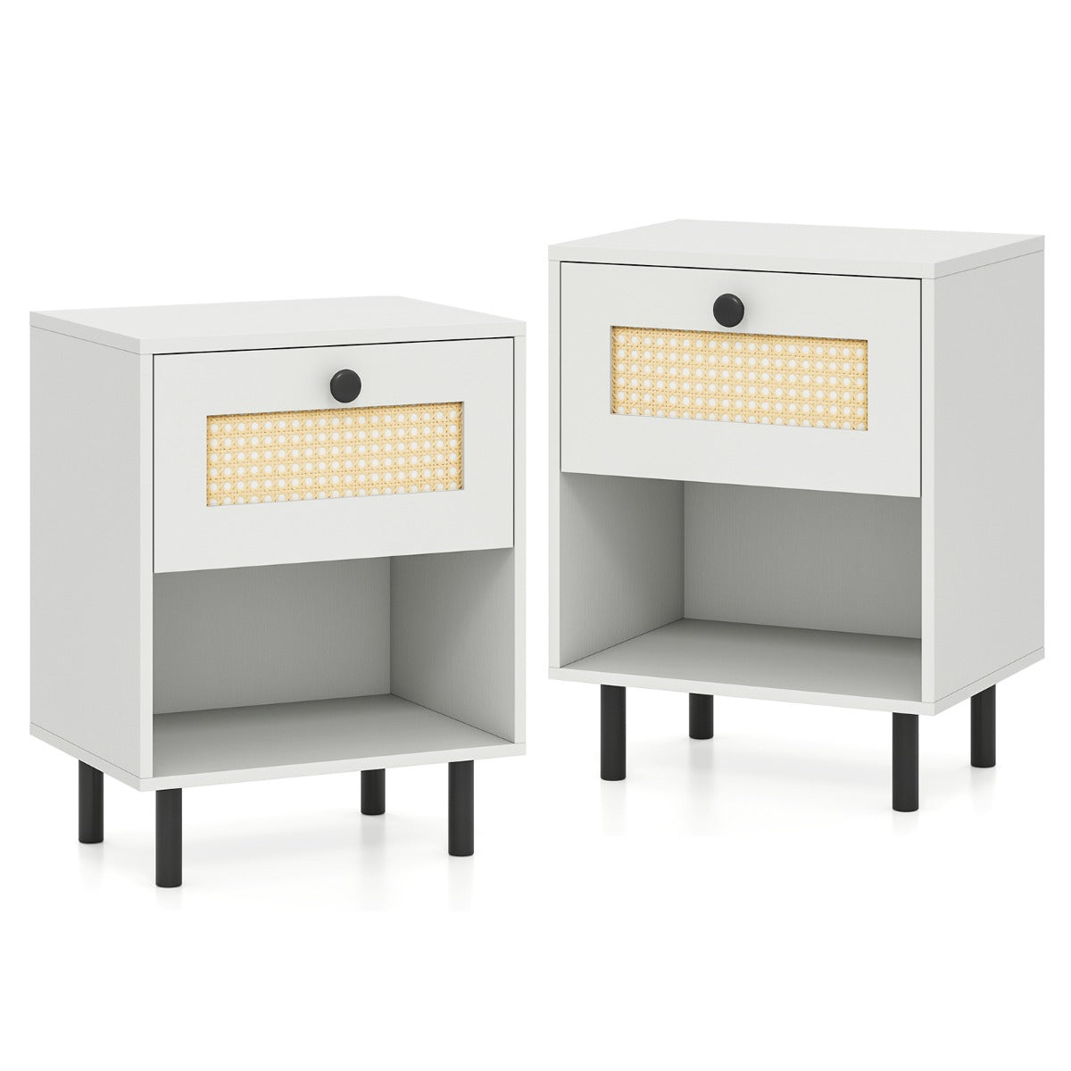LIVSK Nachtkastje - Handgeweven Rotan Paneel - Diepe Lade - Robuuste Metalen Poten - 40 x 30 x 52 cm - Wit