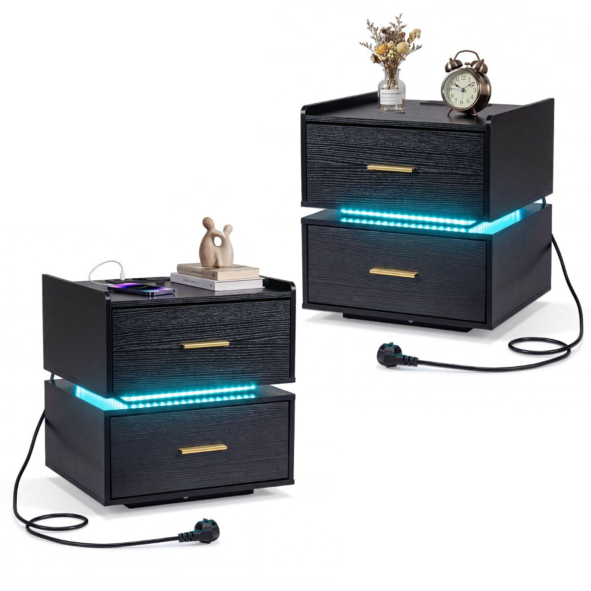 LIVSK Nachtkastje met LED-verlichting - Geïntegreerd Oplaadstation - 16 Kleuren - 2 Lades - Zwart/Wit