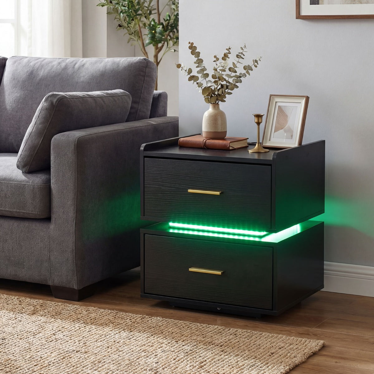 LIVSK Nachtkastje met LED-verlichting - Geïntegreerd Oplaadstation - 16 Kleuren - 2 Lades - Zwart/Wit