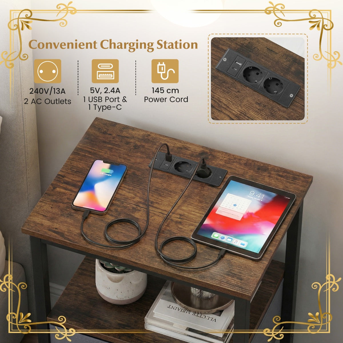 LIVSK Nachtkastje met Oplaadstation - Gepubliceerd Metalen Frame - Verstelbare Lade - Ruime Opbergruimte - Wit/Bruin & Zwart