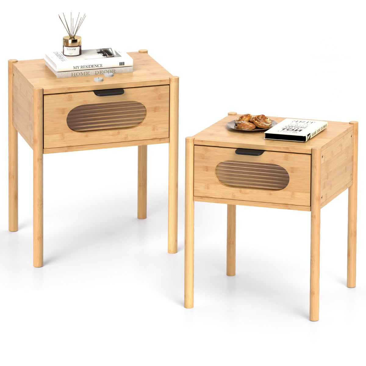 LIVSK Nachtkastje Set van 2 - 100% Natuurlijk Bamboe - Royale Tafelblad - Elegante Lade met Glas - Naturel