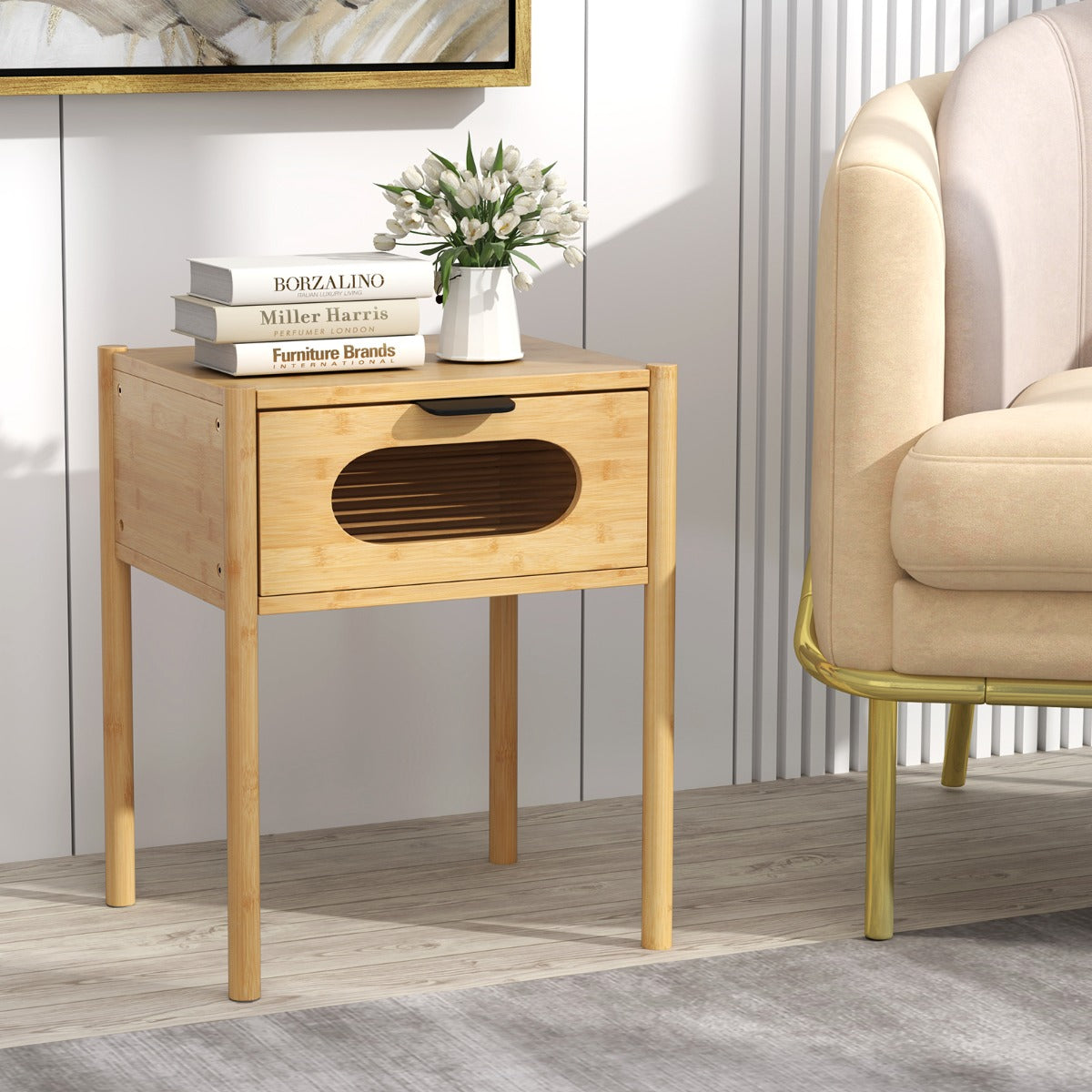 LIVSK Nachtkastje Set van 2 - 100% Natuurlijk Bamboe - Royale Tafelblad - Elegante Lade met Glas - Naturel