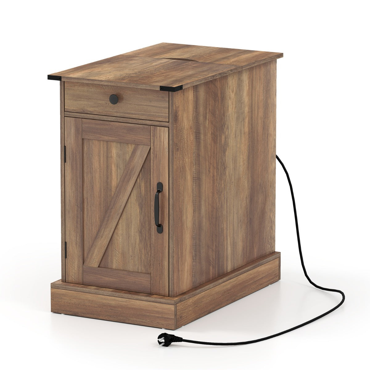 LIVSK Neerklapbare Bijzettafel met Oplaadstation - Lade met Dienblad - Verstelbare Kast - 35 x 60 x 62 cm - Rustiek
