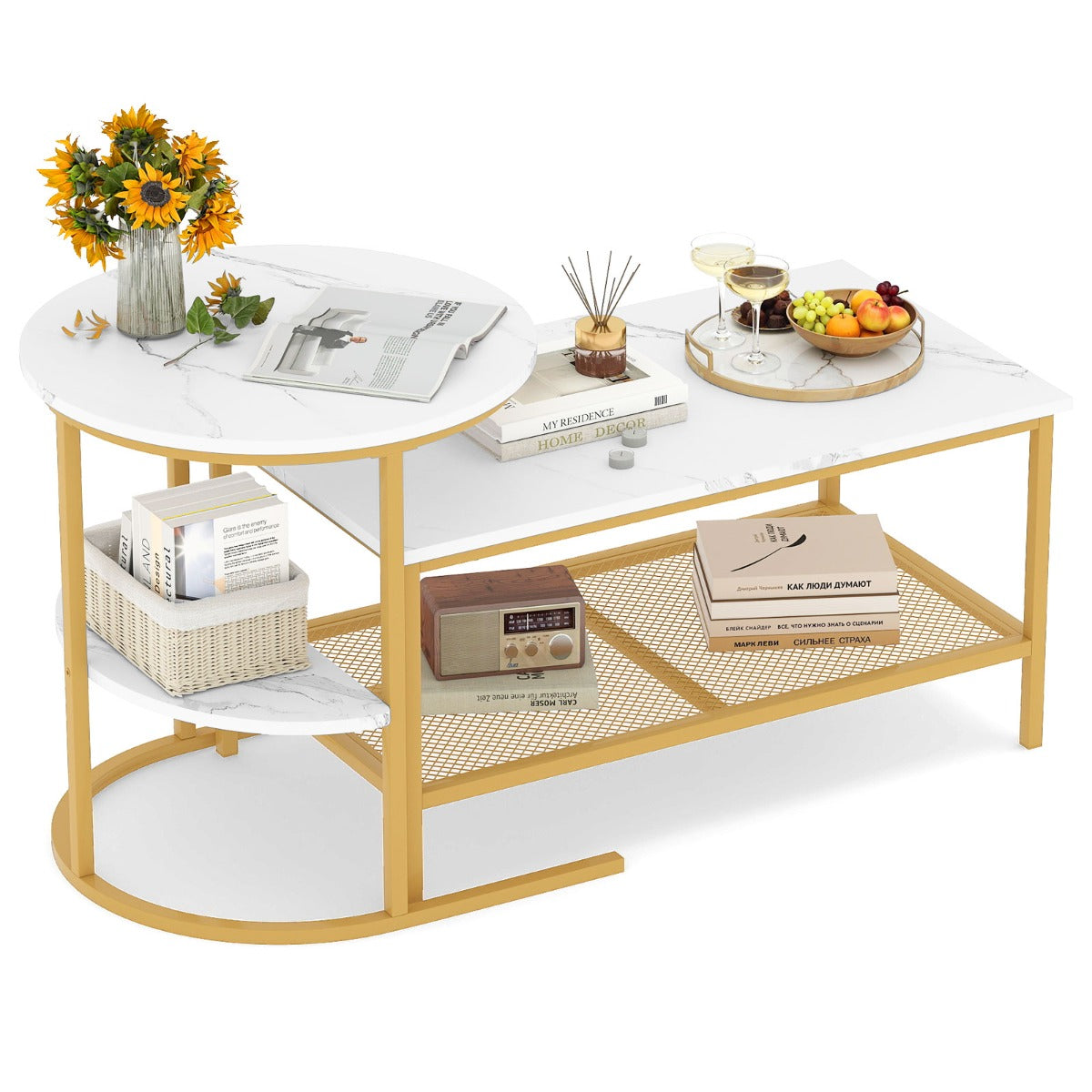 LIVSK Nestbare Salontafels - Imitatiemarmer Bladen - Stabiel Metaal Frame - Flexibele Indeling - Wit+Goud/Bruin+Zwart/Wit+Zwart