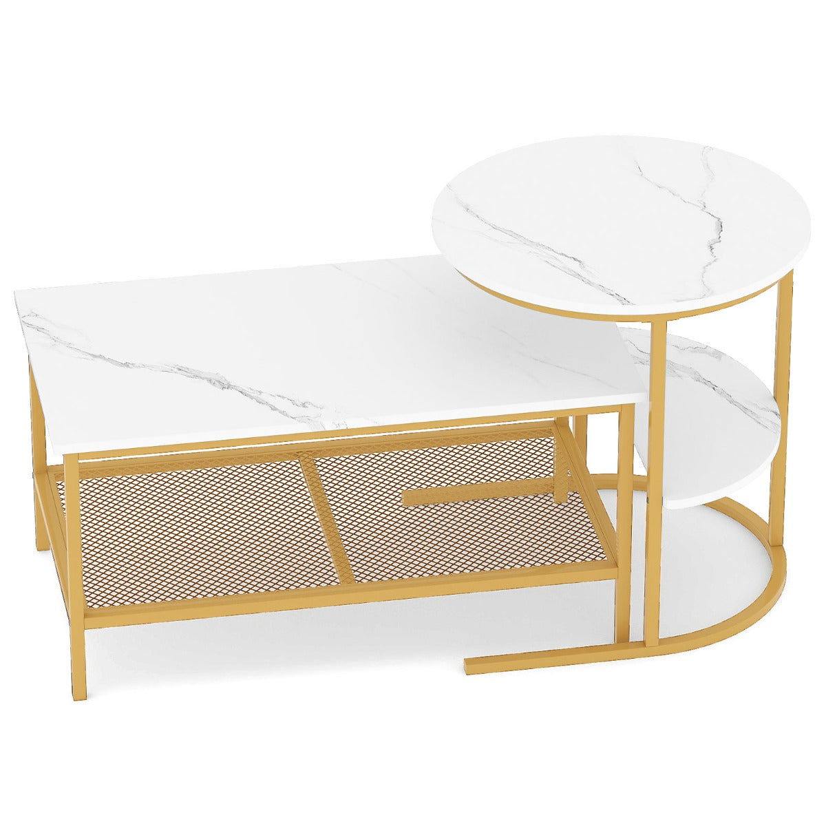 LIVSK Nestbare Salontafels - Imitatiemarmer Bladen - Stabiel Metaal Frame - Flexibele Indeling - Wit+Goud/Bruin+Zwart/Wit+Zwart