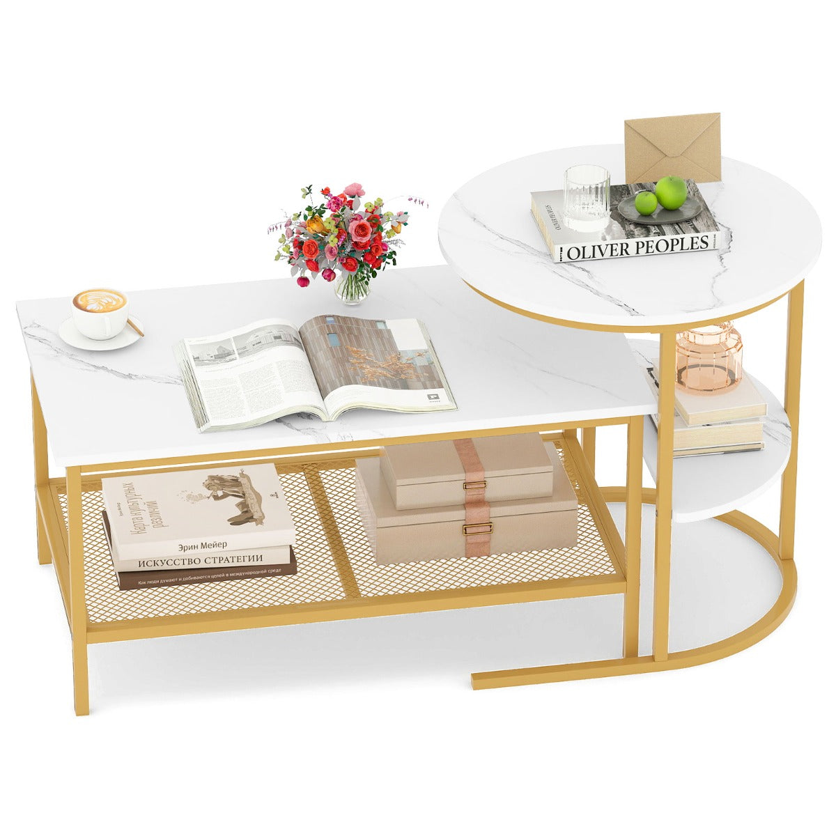 LIVSK Nestbare Salontafels - Imitatiemarmer Bladen - Stabiel Metaal Frame - Flexibele Indeling - Wit+Goud/Bruin+Zwart/Wit+Zwart