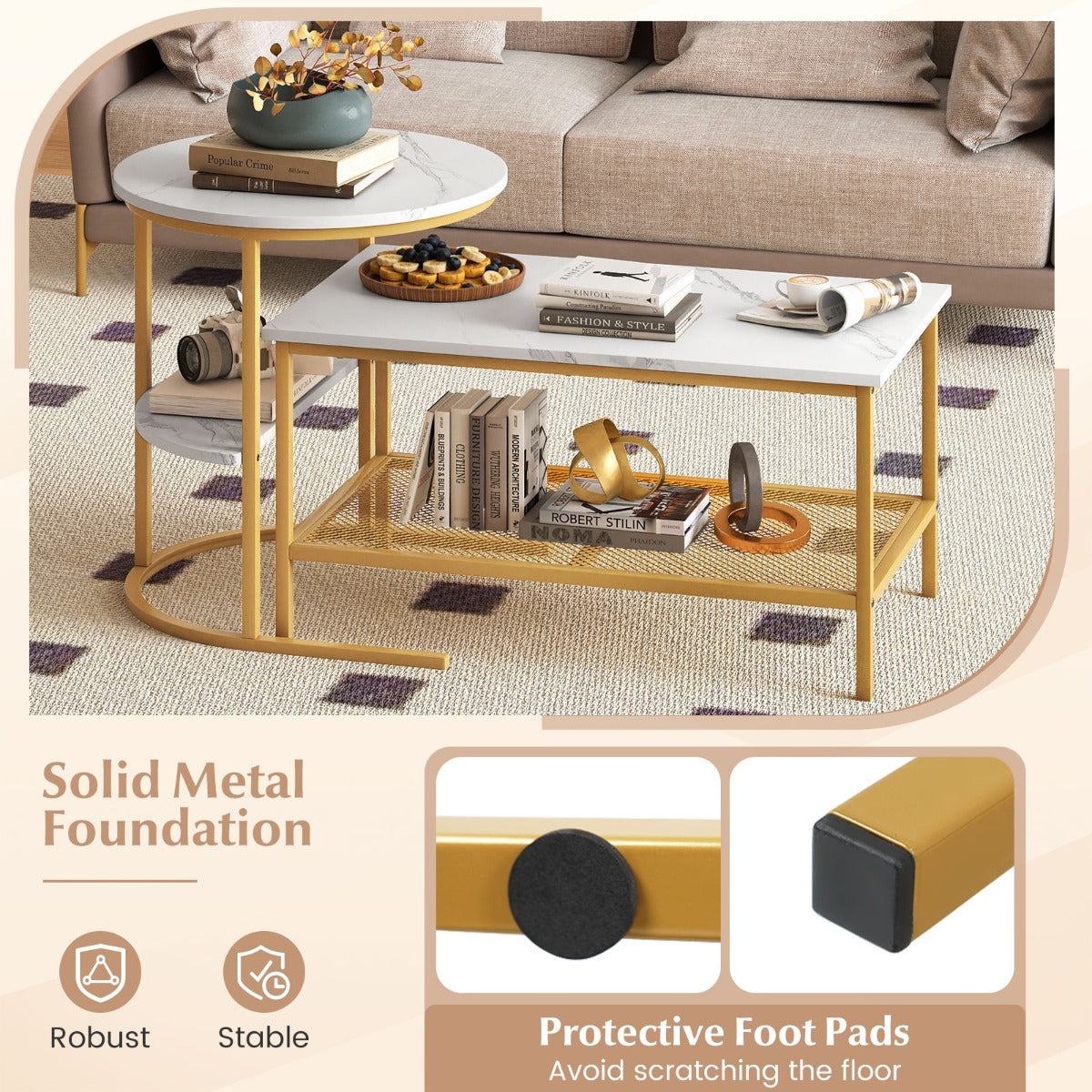 LIVSK Nestbare Salontafels - Imitatiemarmer Bladen - Stabiel Metaal Frame - Flexibele Indeling - Wit+Goud/Bruin+Zwart/Wit+Zwart
