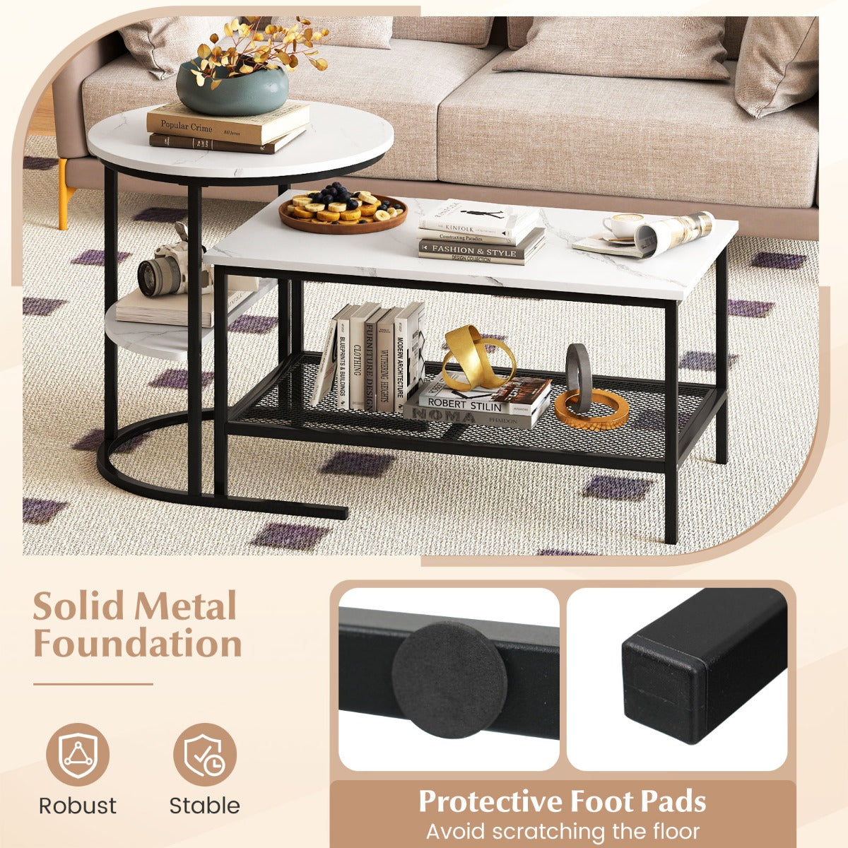 LIVSK Nestbare Salontafels - Rechthoekige en Ronde Tafel - Imitatiemarmer Blad - Stabiele Metalen Frames - Wit en Goud/Bruin en