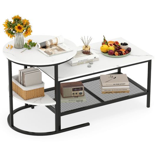 LIVSK Nestbare Salontafels - Rechthoekige en Ronde Tafel - Imitatiemarmer - Metalen Frame - Wit en Goud/Bruin en Zwart