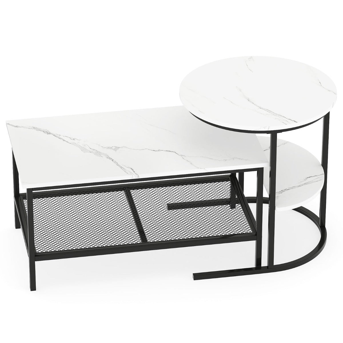 LIVSK Nestbare Salontafels - Rechthoekige en Ronde Tafel - Imitatiemarmer - Metalen Frame - Wit en Goud/Bruin en Zwart