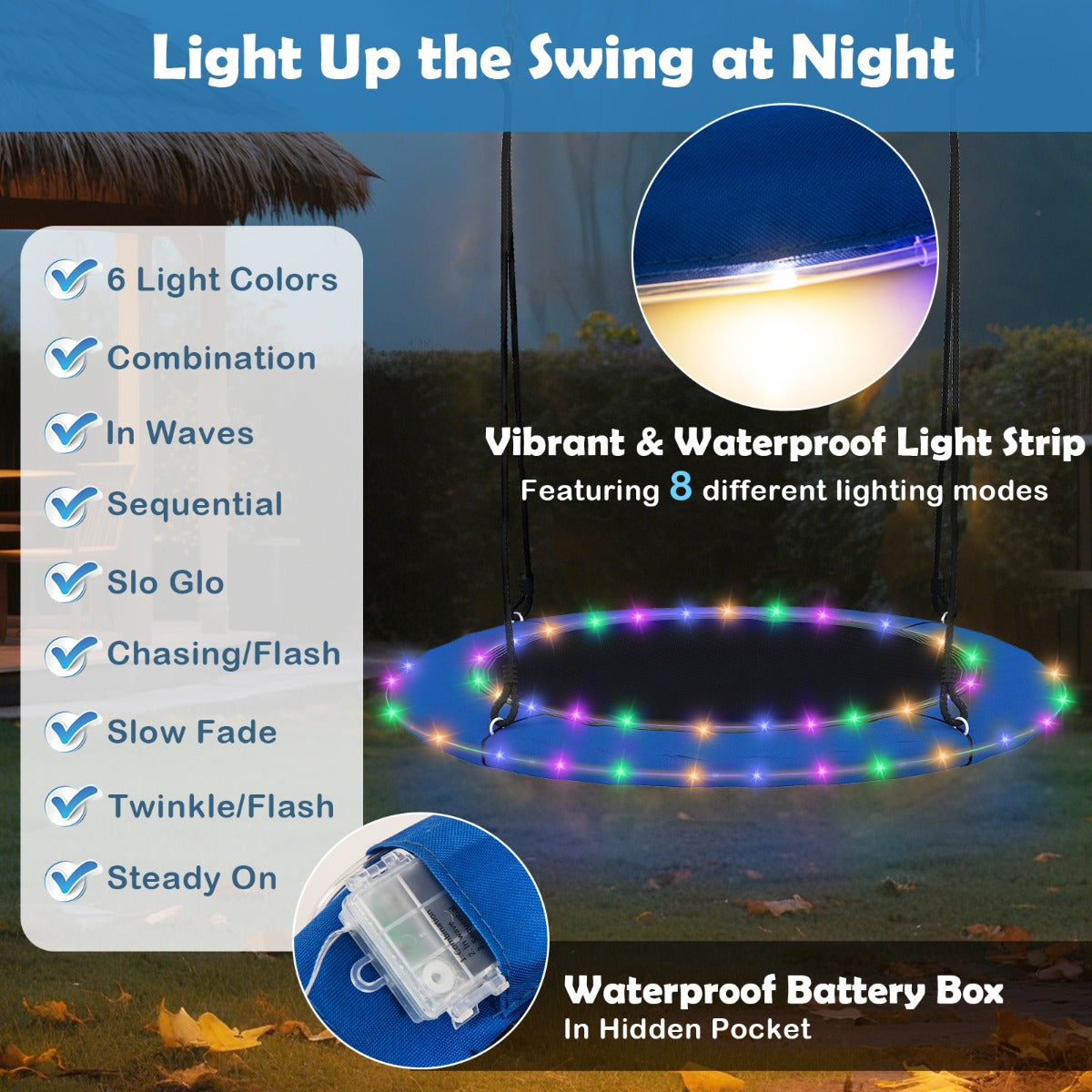 LIVSK Nestschommel - Verstelbare Touwen - LED Verlichting - Duurzaam Oxford Weefsel - Voor 2-4 Kinderen - Blauw