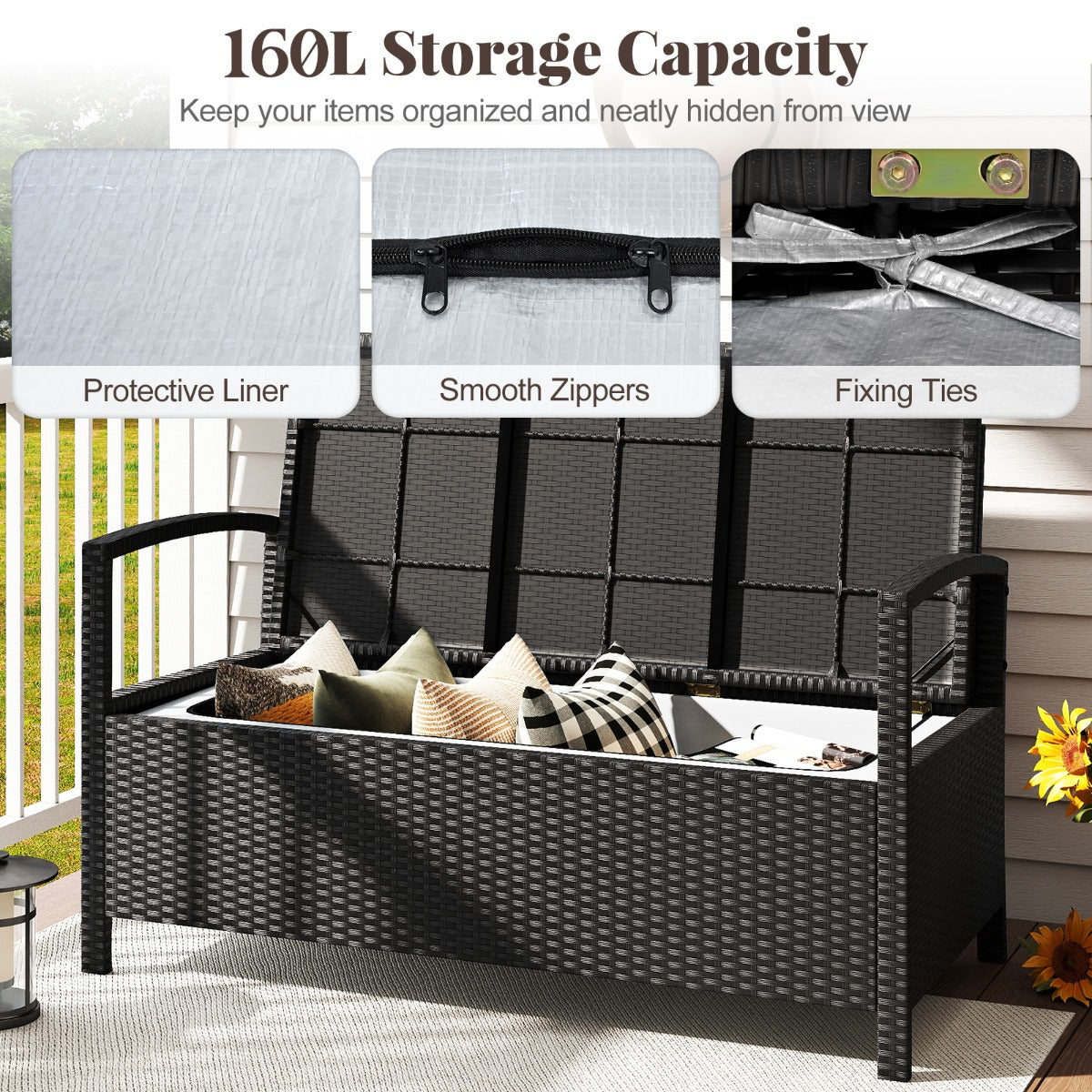 LIVSK Opbergbank voor Twee Personen - 160 Liter Opbergruimte - PE-Rotan - Hoog Comfort - Zwart + Beige