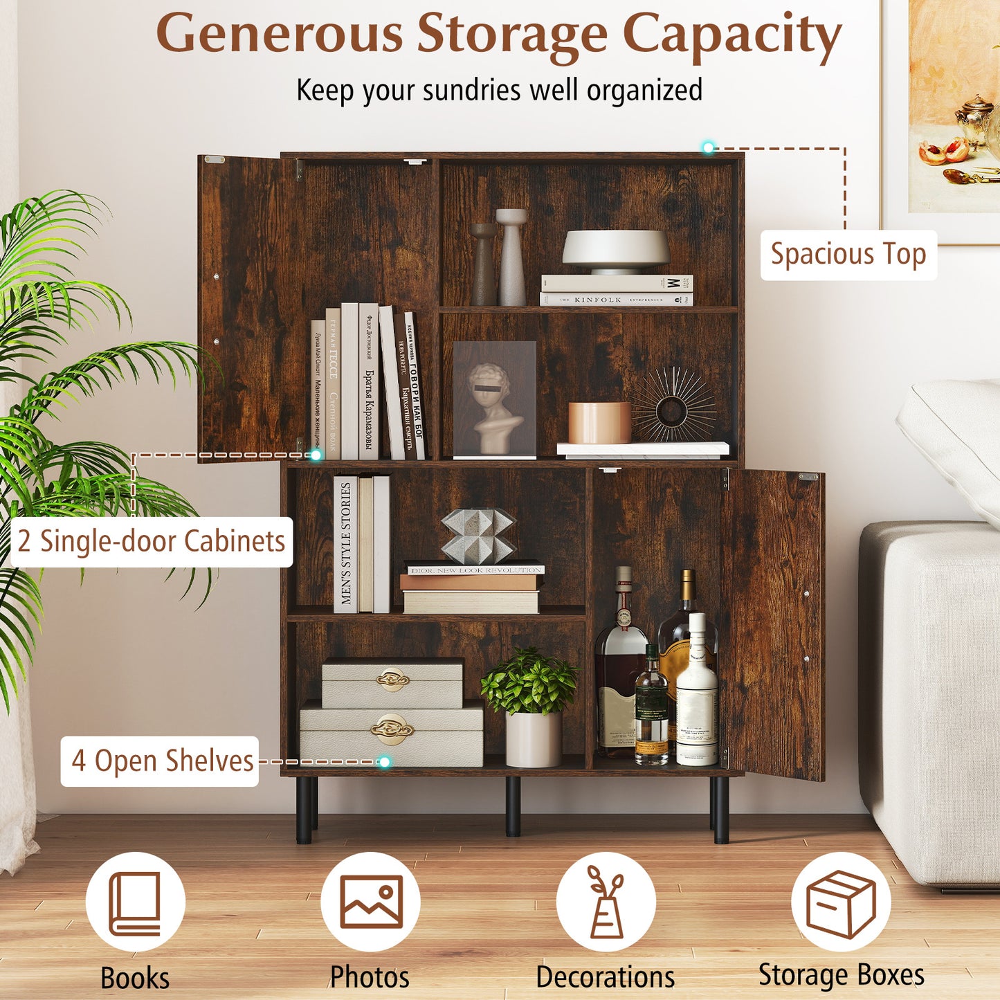 LIVSK Opbergkast - 4 Open Vakken - 2 Kasten met Deuren - Stabiele Metalen Poten - Ruimtebesparend Ontwerp - Bruin/Zwart