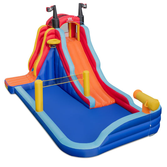 LIVSK Opblaasbaar 5-in-1 Waterpark - Piratenthema - Glijbaan, Basketbal, Klimwand - Duurzaam Oxford & PVC - 484x271x263 cm