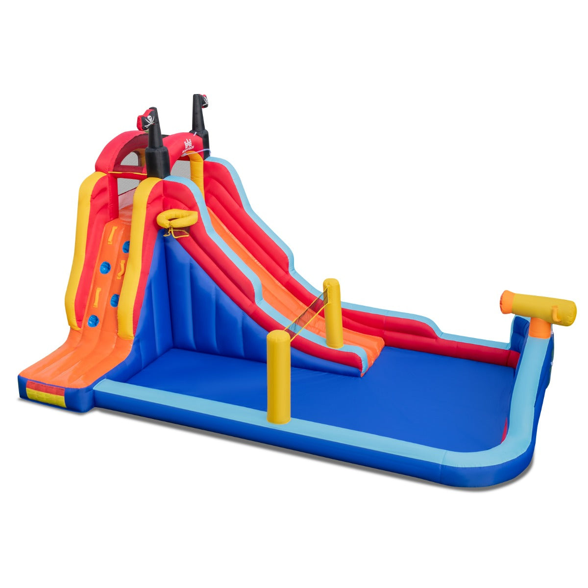 LIVSK Opblaasbaar 5-in-1 Waterpark - Piratenthema - Glijbaan, Basketbal, Klimwand - Duurzaam Oxford & PVC - 484x271x263 cm