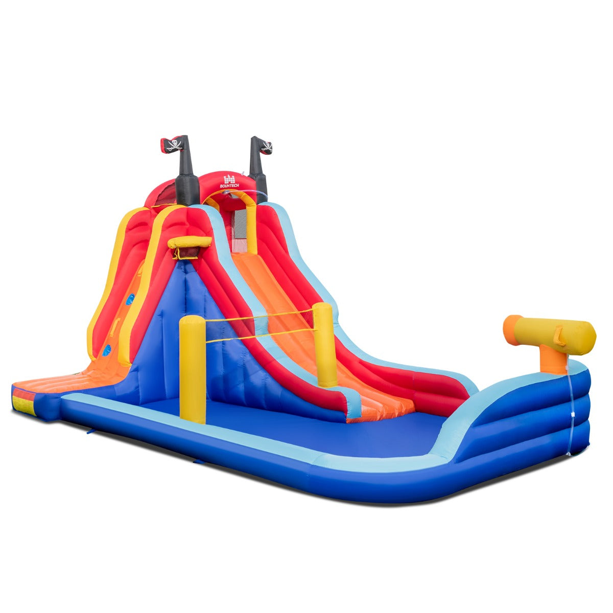 LIVSK Opblaasbaar 5-in-1 Waterpark - Piratenthema - Glijbaan, Basketbal, Klimwand - Duurzaam Oxford & PVC - 484x271x263 cm