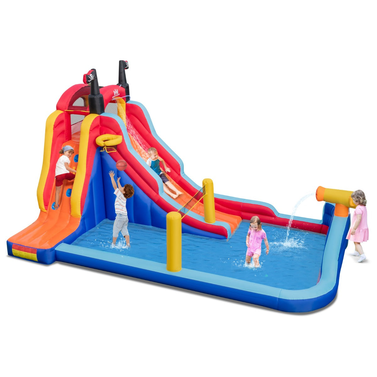 LIVSK Opblaasbaar 5-in-1 Waterpark - Piratenthema - Glijbaan, Basketbal, Klimwand - Duurzaam Oxford & PVC - 484x271x263 cm