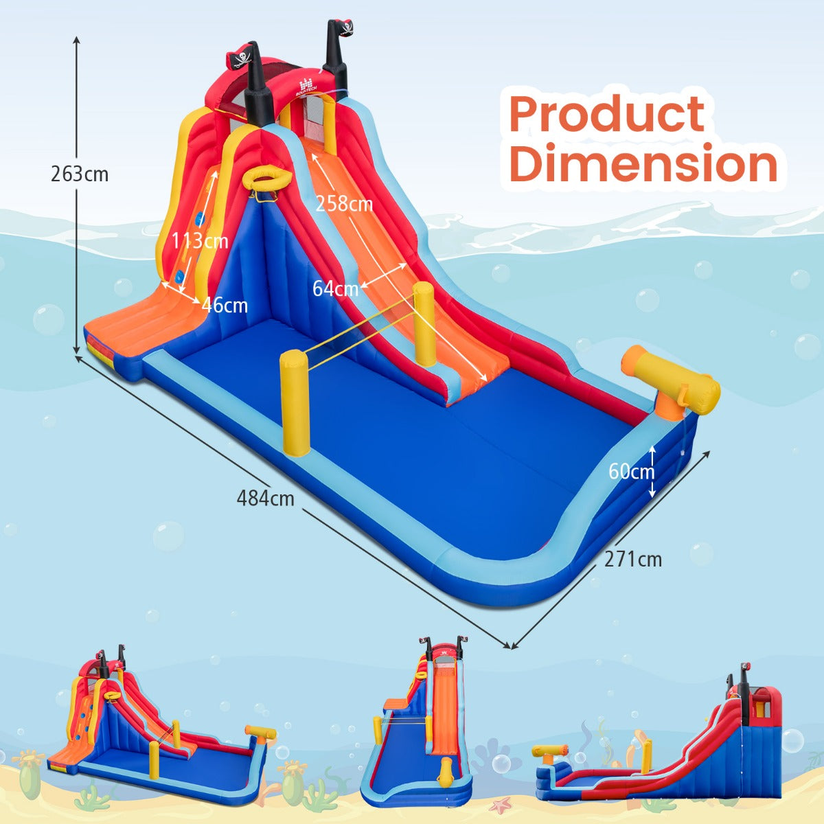LIVSK Opblaasbaar 5-in-1 Waterpark - Piratenthema - Glijbaan, Basketbal, Klimwand - Duurzaam Oxford & PVC - 484x271x263 cm