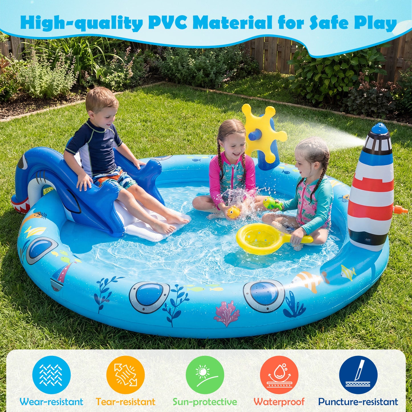 LIVSK Opblaasbaar Kinderzwembad - Duurzaam PVC - Inclusief Glijbaan en Sproeier - Voor Kinderen 2-6 Jaar - Multikleur