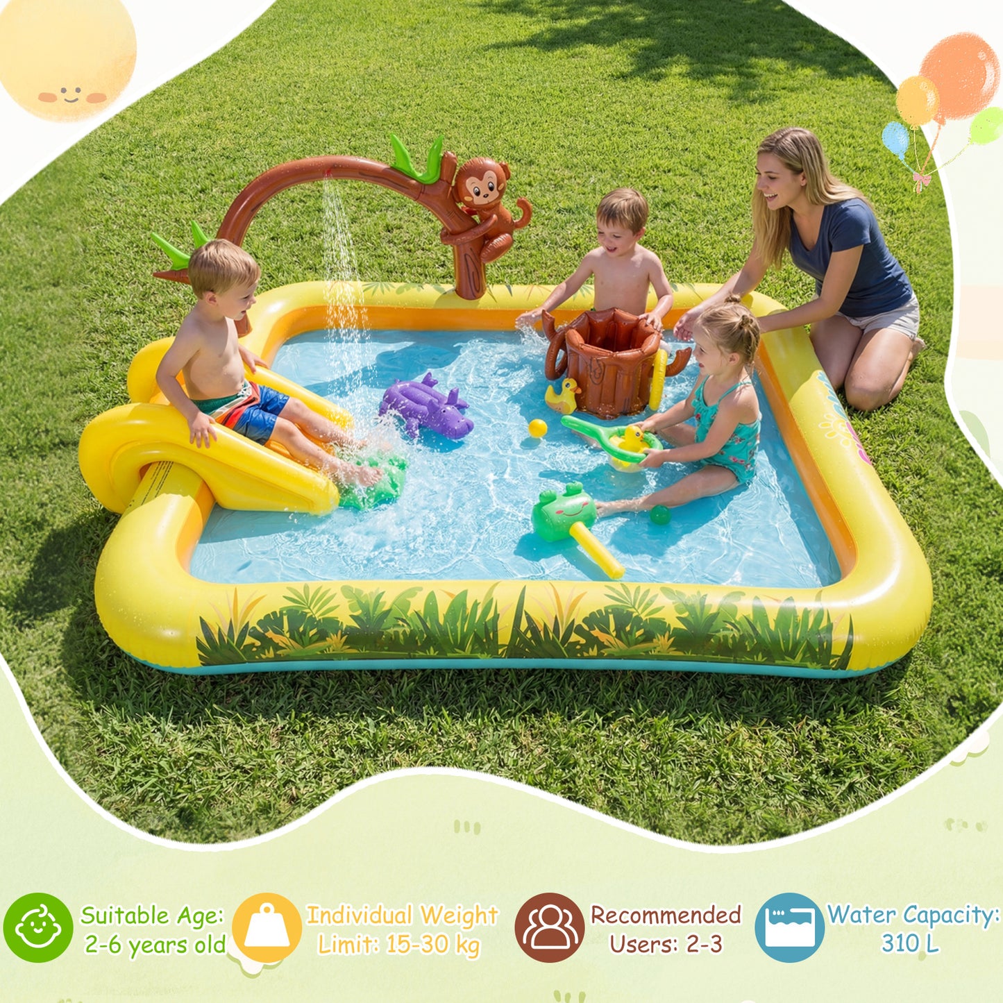 LIVSK Opblaasbaar Kinderzwembad - Met Glijbaan en Watersproeier - Duurzaam PVC - Voor 2 tot 3 Kinderen - Multikleur