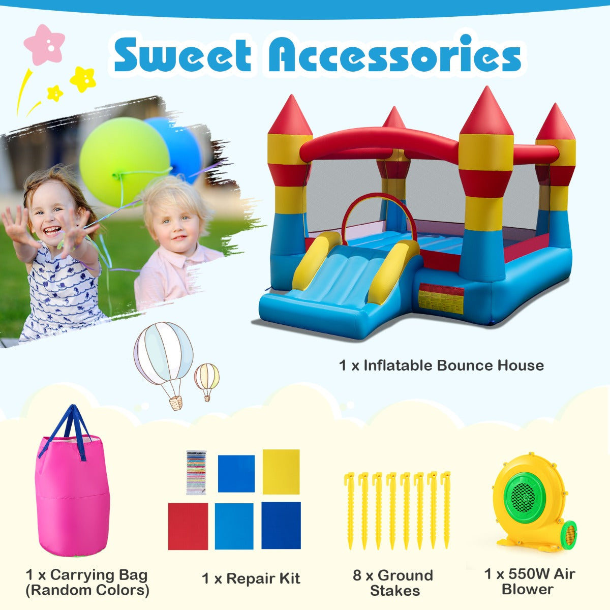 LIVSK Opblaasbaar Springkasteel 3-in-1 - Duurzaam Oxford-Materiaal - Inclusieve Accessoires - Veiligheid Netwanden - Meerkleurig