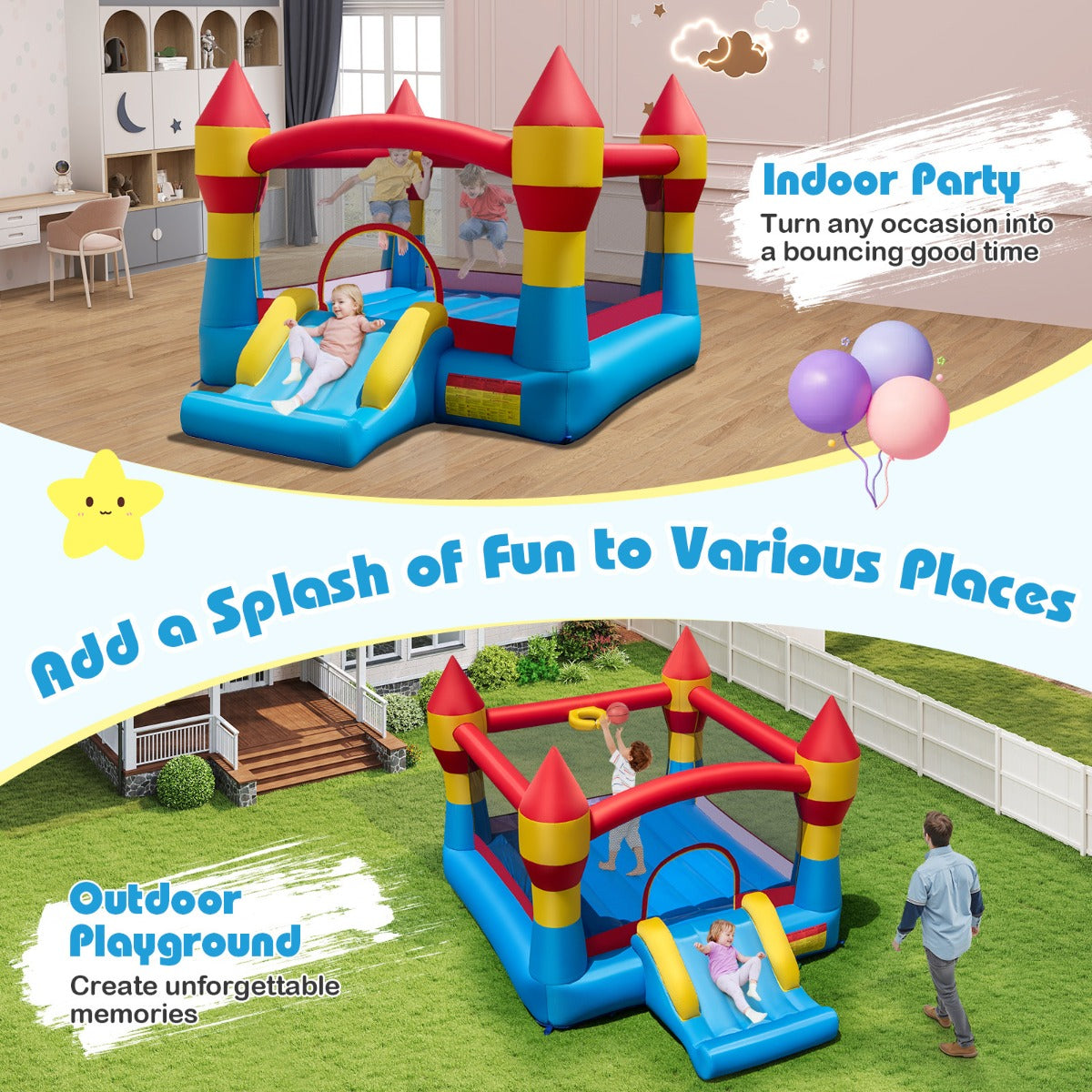 LIVSK Opblaasbaar Springkasteel 3-in-1 - Duurzaam Oxford-Materiaal - Inclusieve Accessoires - Veiligheid Netwanden - Meerkleurig