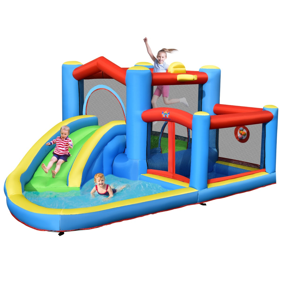 LIVSK Opblaasbaar Springkasteel met Glijbaan - Oxford Stof - Voor 3 Kinderen - Inclusief Basketbal en Accessoires - 410 x 310 x