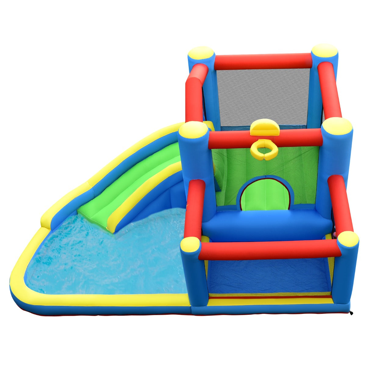 LIVSK Opblaasbaar Springkasteel met Glijbaan - Oxford Stof - Voor 3 Kinderen - Inclusief Basketbal en Accessoires - 410 x 310 x
