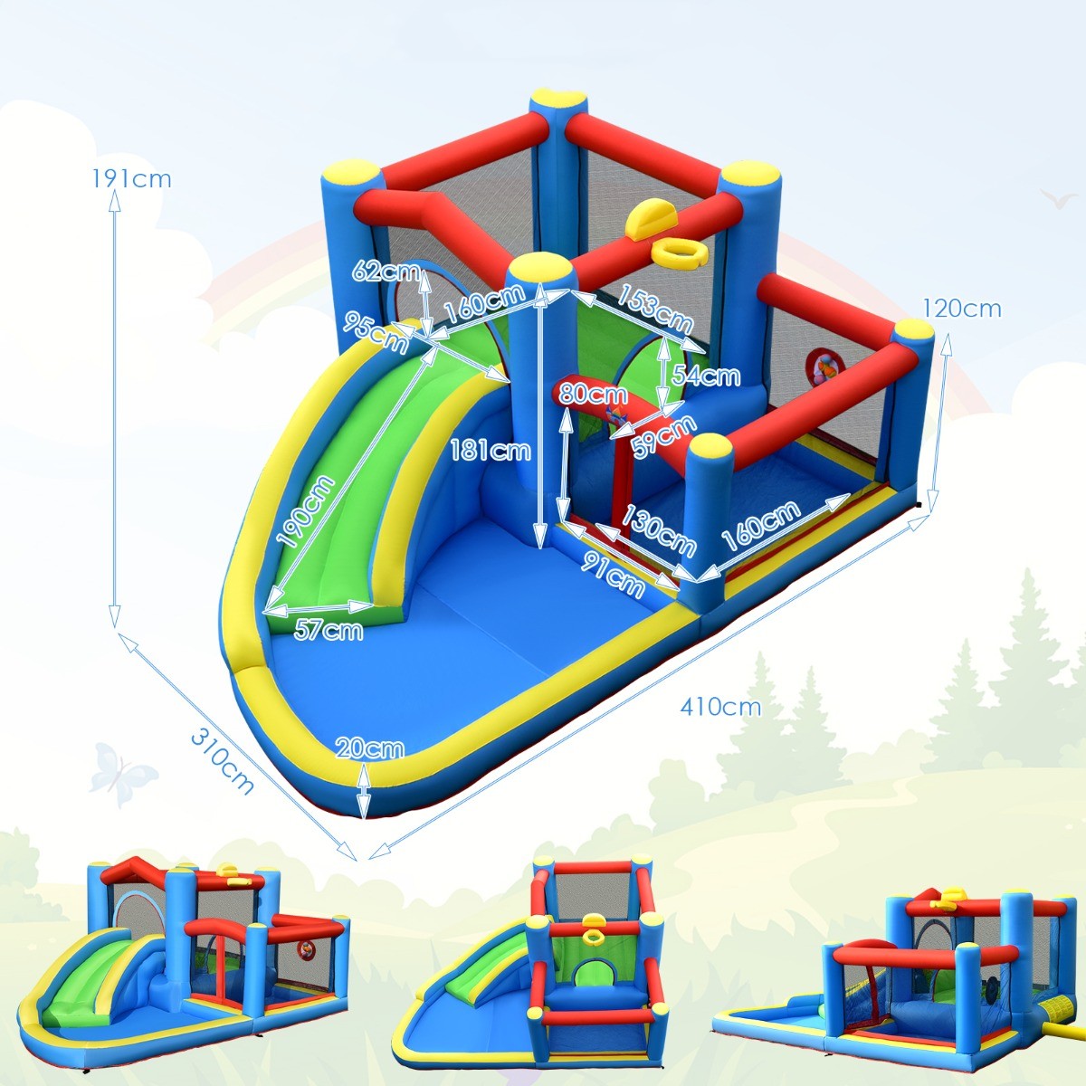 LIVSK Opblaasbaar Springkasteel met Glijbaan - Oxford Stof - Voor 3 Kinderen - Inclusief Basketbal en Accessoires - 410 x 310 x