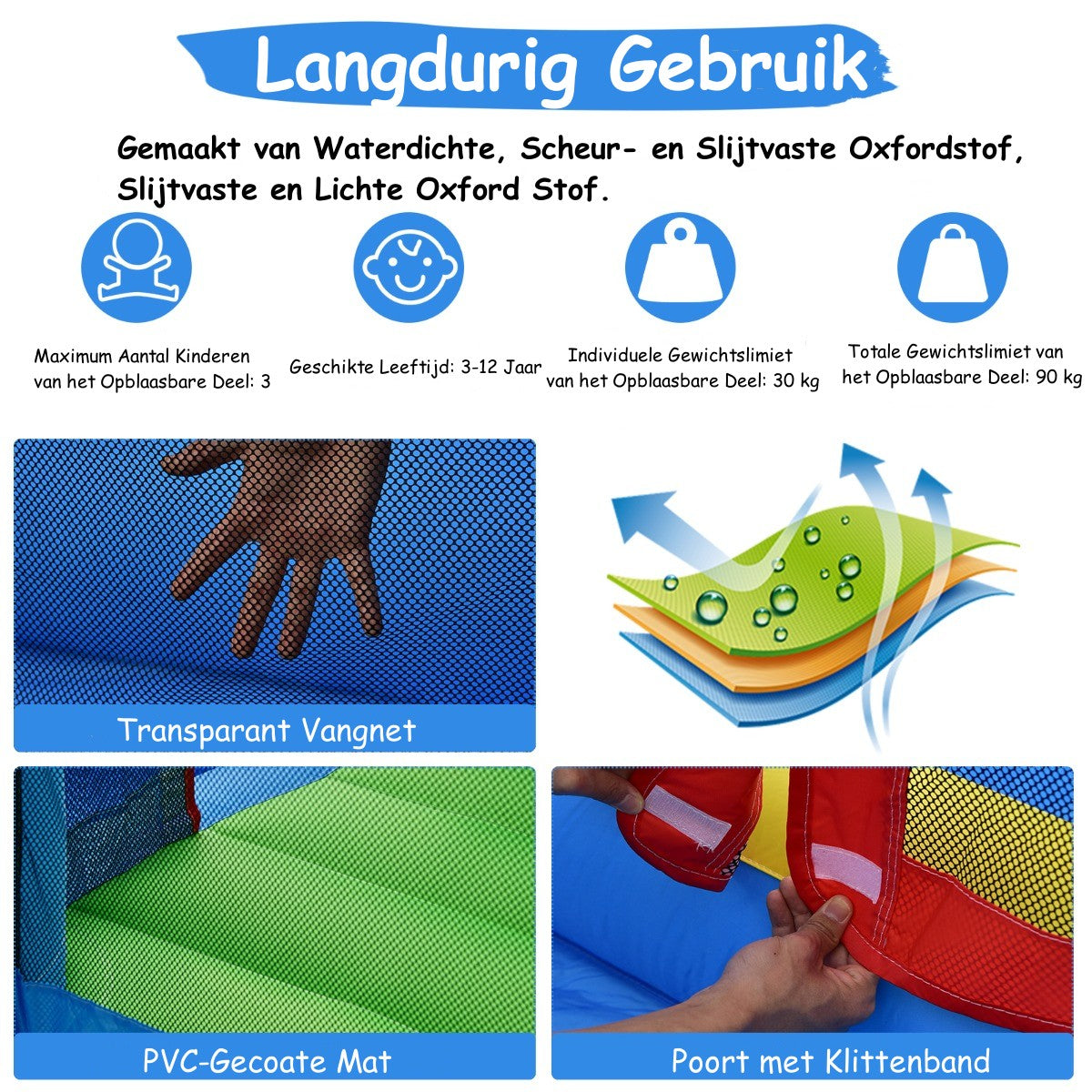 LIVSK Opblaasbaar Springkasteel met Glijbaan - Oxford Stof - Voor 3 Kinderen - Inclusief Basketbal en Accessoires - 410 x 310 x
