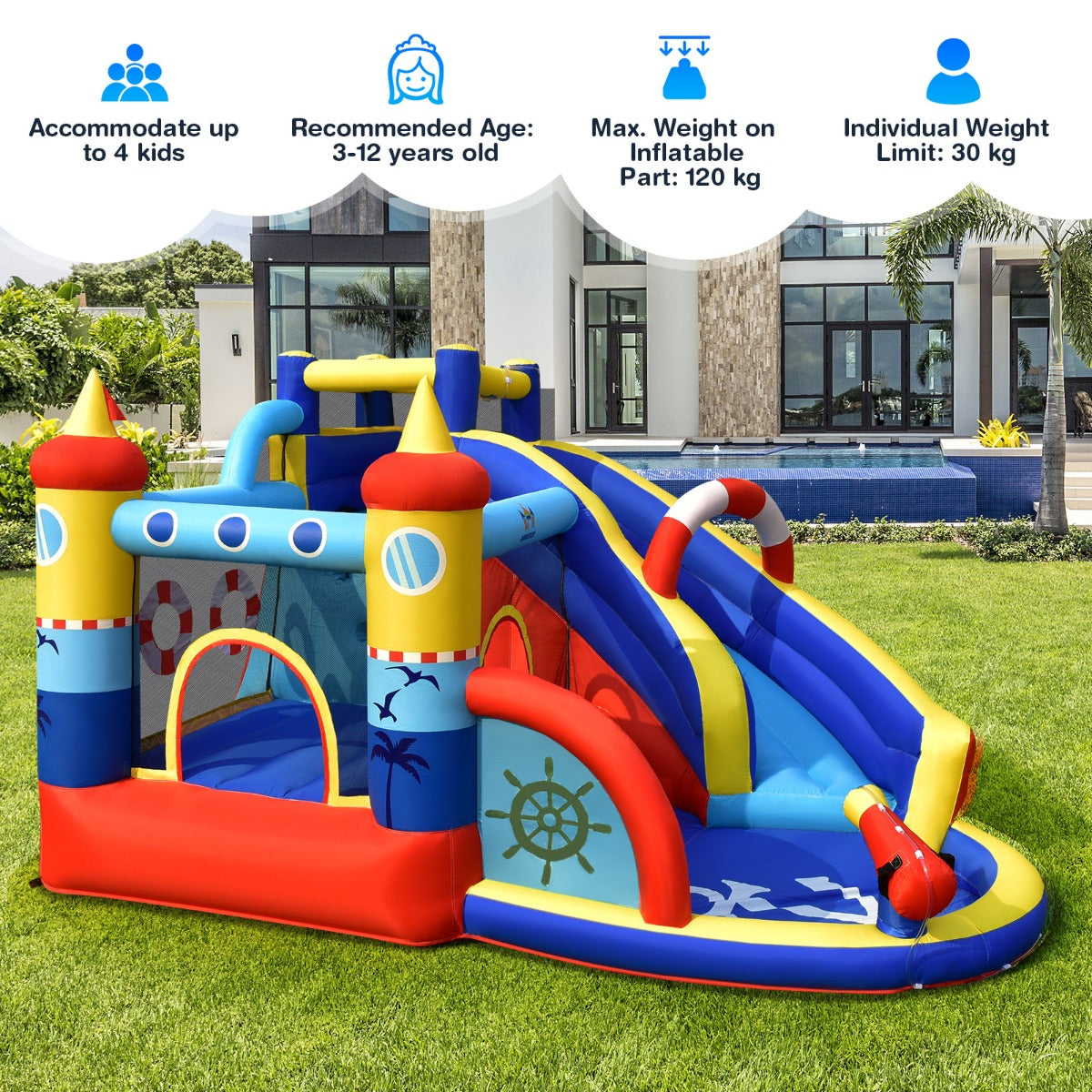 LIVSK Opblaasbaar Springkasteel - Waterpark met Glijbaan - Duurzaam Oxford-weefsel - Voor 4 Kinderen - 360 x 290 x 200 cm