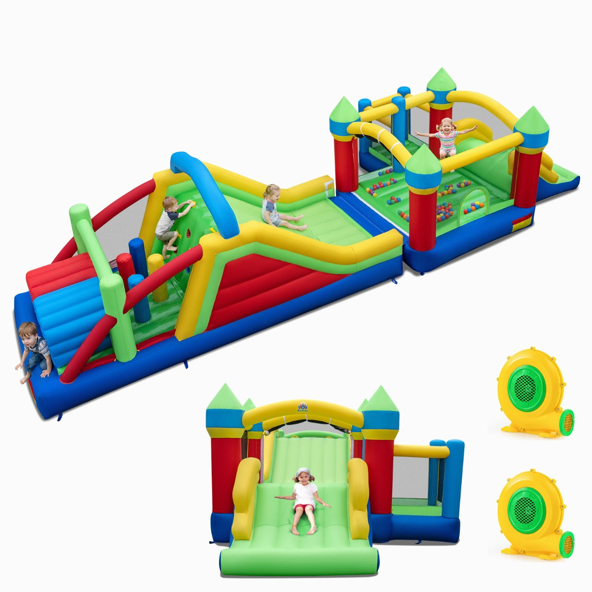LIVSK Opblaasbaar Springkussen - Met Tunnels en Klimwand - Duurzaam Oxford en PVC - Inclusief 50 Ballen - Multicolor