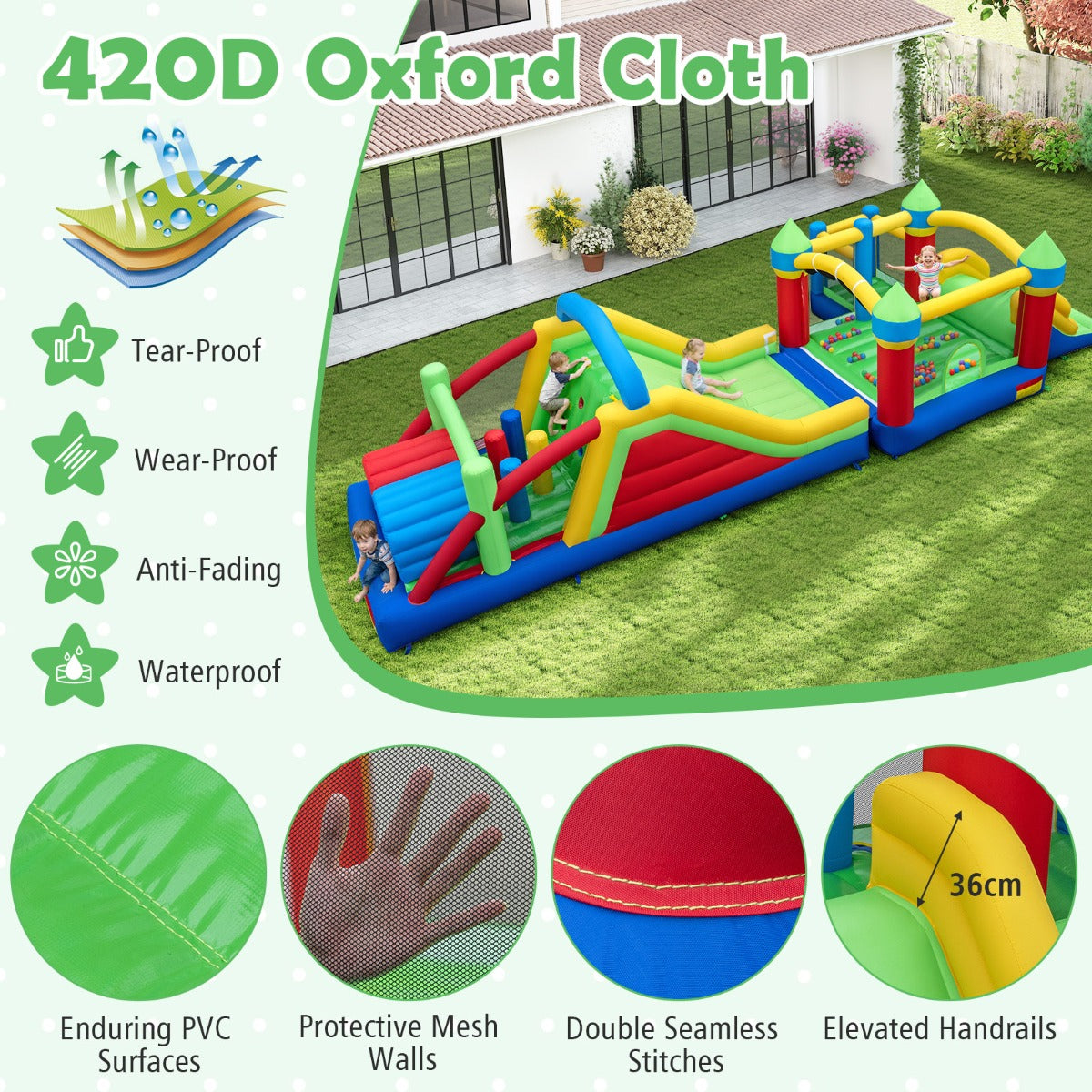 LIVSK Opblaasbaar Springkussen - Met Tunnels en Klimwand - Duurzaam Oxford en PVC - Inclusief 50 Ballen - Multicolor