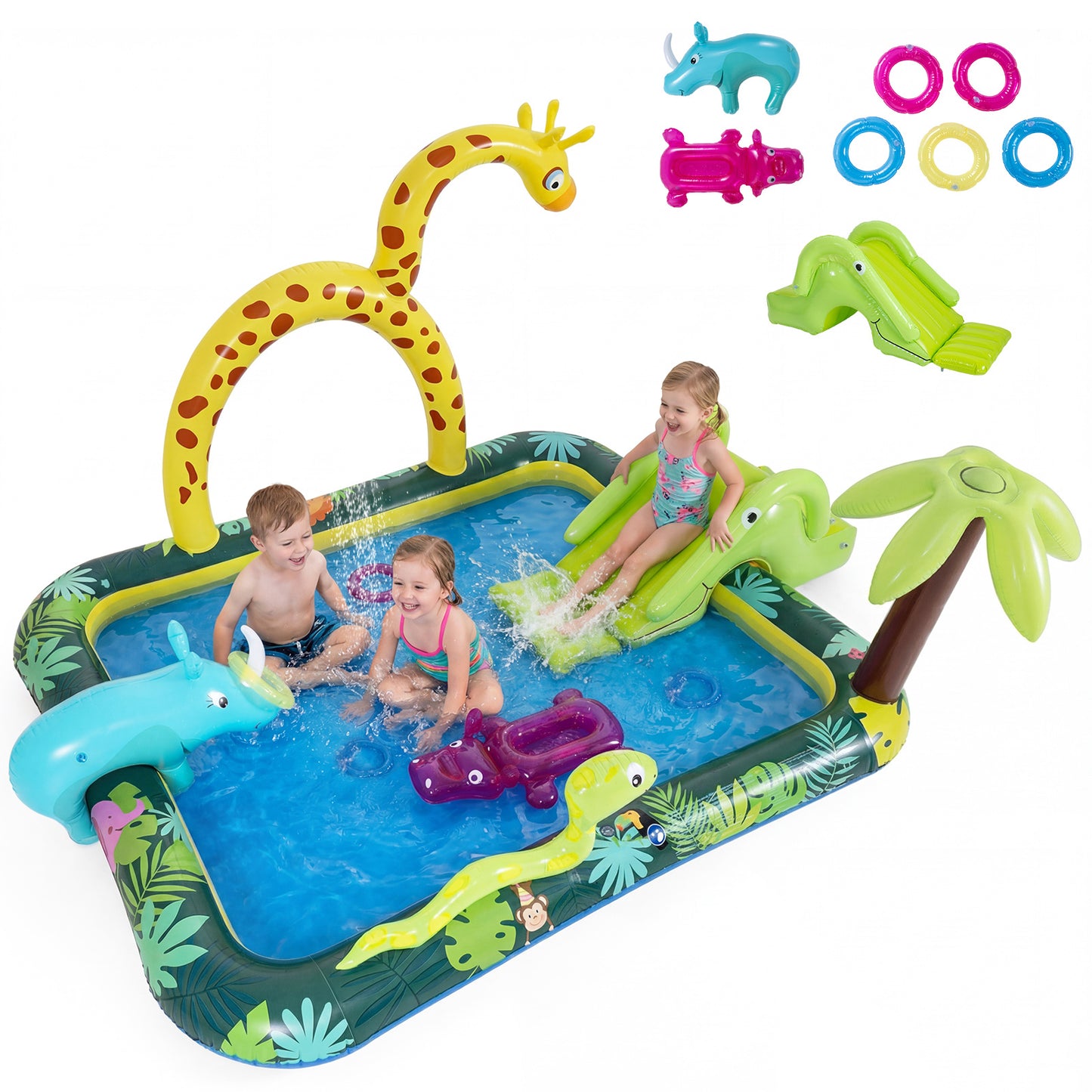 LIVSK Opblaasbaar Water Speelcentrum - Jungle Dieren - Glijbaan en Sprinkler - Voor 2-6 Jaar - Multikleur