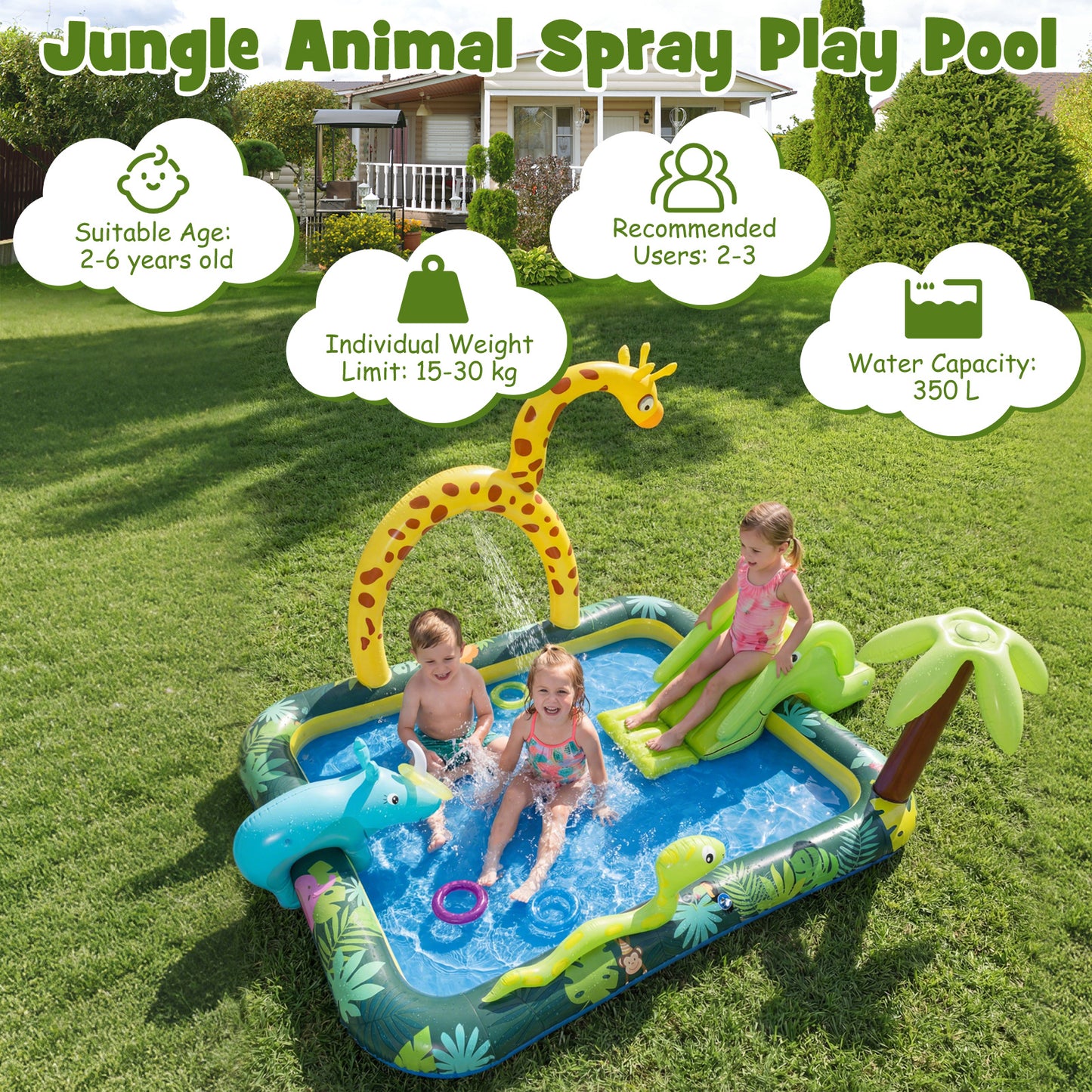LIVSK Opblaasbaar Water Speelcentrum - Jungle Dieren - Glijbaan en Sprinkler - Voor 2-6 Jaar - Multikleur