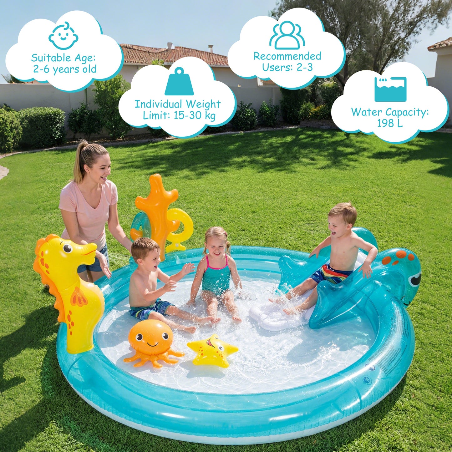 LIVSK Opblaasbaar Water Speelcentrum - Voor 2-3 Kinderen - Inclusief Glijbaan & Sproeier - Duurzaam PVC - Multikleur