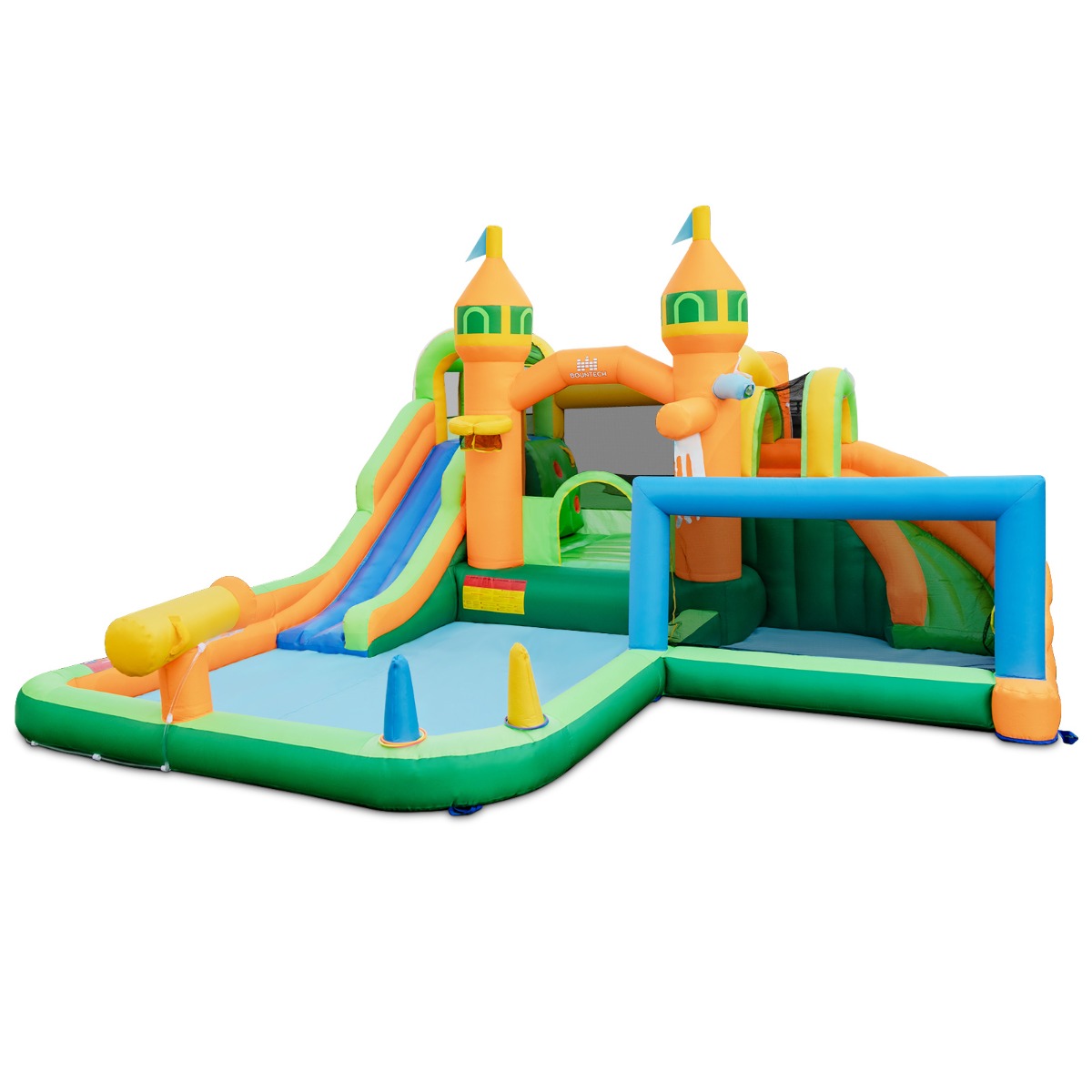 LIVSK Opblaasbaar Waterpark - Dubbele Glijbanen - Interactieve Basketbalring - Veilig Materiaal - Geschikt voor Kinderen -