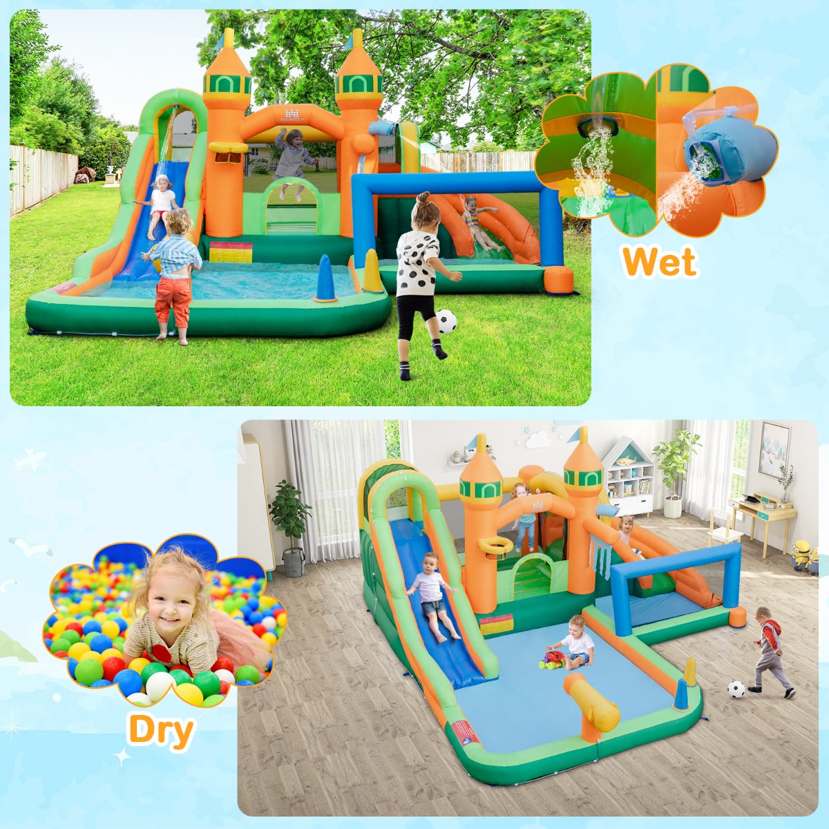 LIVSK Opblaasbaar Waterpark - Dubbele Glijbanen - Interactieve Basketbalring - Veilig Materiaal - Geschikt voor Kinderen -