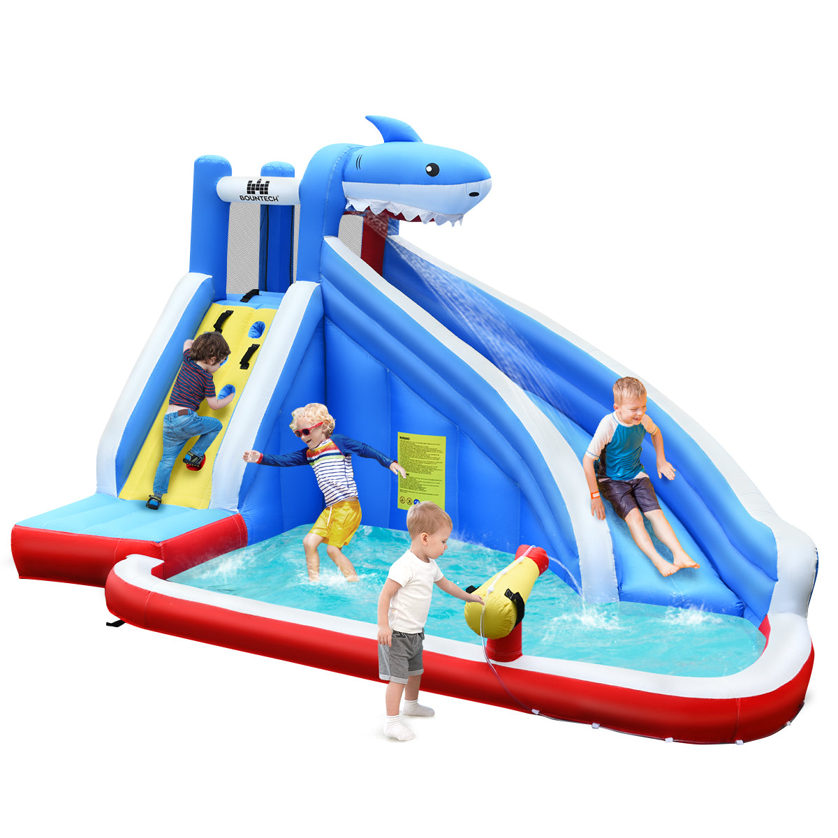 LIVSK Opblaasbaar Waterpark - Duurzaam Oxford-Materiaal - Glijbaan, Klimwand, Waterkanon - Voor 4 Kinderen - Veelkleurig