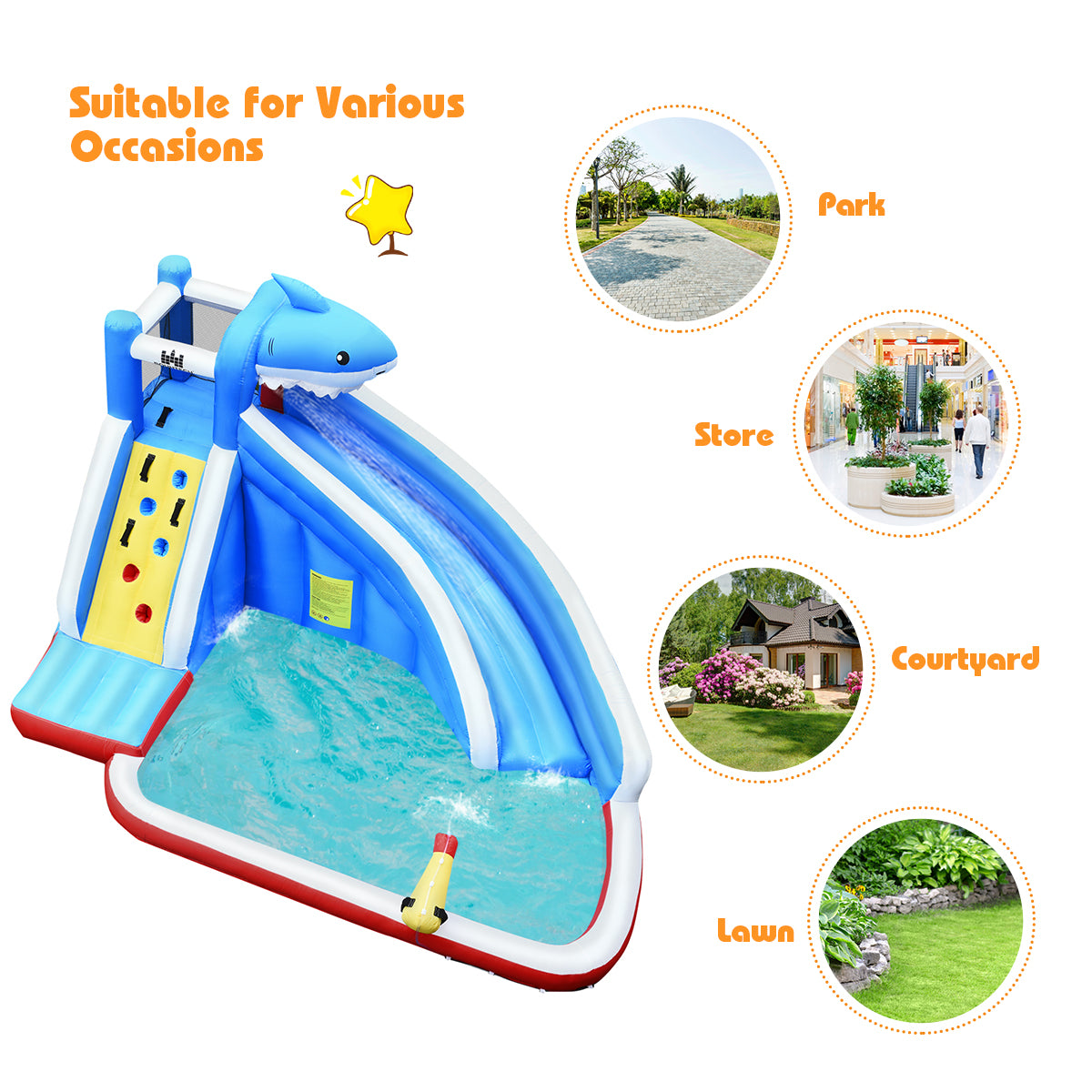 LIVSK Opblaasbaar Waterpark - Duurzaam Oxford-Materiaal - Glijbaan, Klimwand, Waterkanon - Voor 4 Kinderen - Veelkleurig