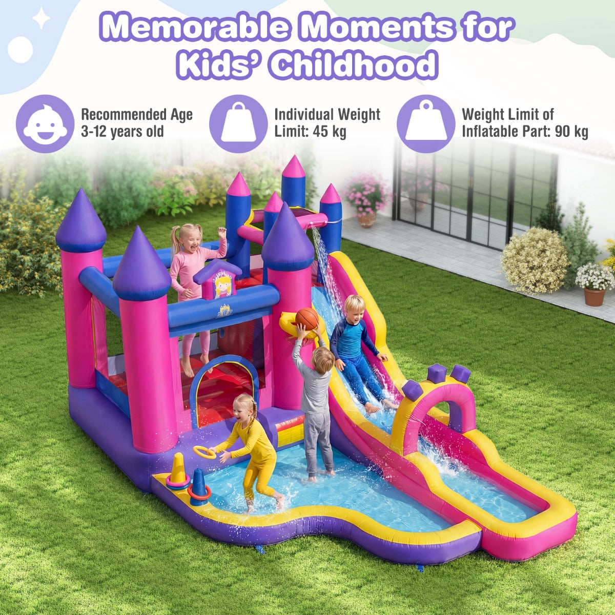 LIVSK Opblaasbaar Waterpark - Prinsessenthema - Meerdere Speelzones - Duurzaam Oxford-Weefsel - Inclusief Accessoires -