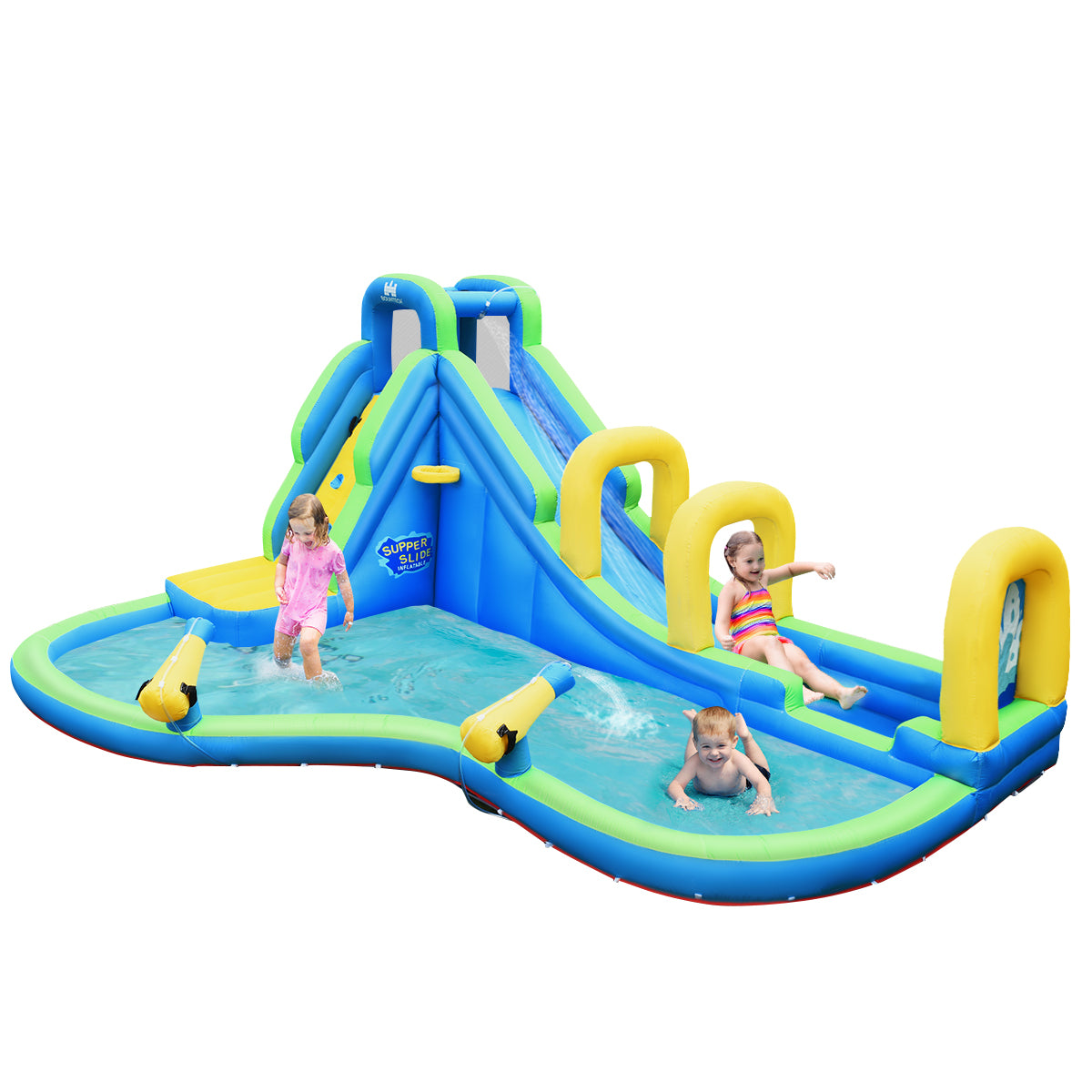 LIVSK Opblaasbaar Waterpark - Slijtvast Oxford-Materiaal - Waterglijbaan en Klimmuur - Veiligheidsontwerp - 478 x 365 x 242 cm