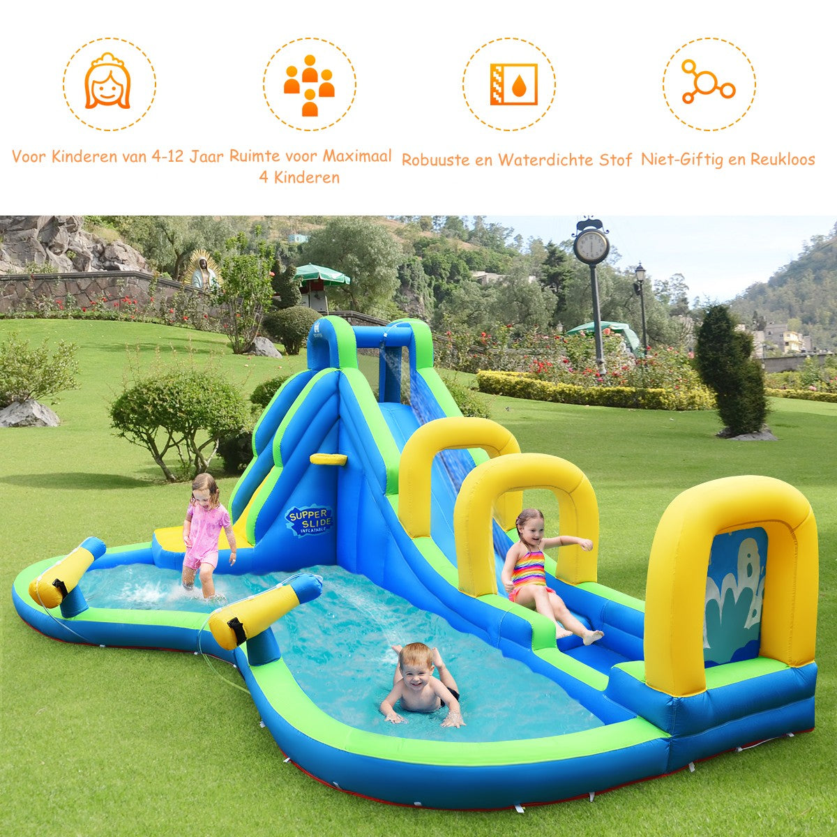 LIVSK Opblaasbaar Waterpark - Slijtvast Oxford-Materiaal - Waterglijbaan en Klimmuur - Veiligheidsontwerp - 478 x 365 x 242 cm