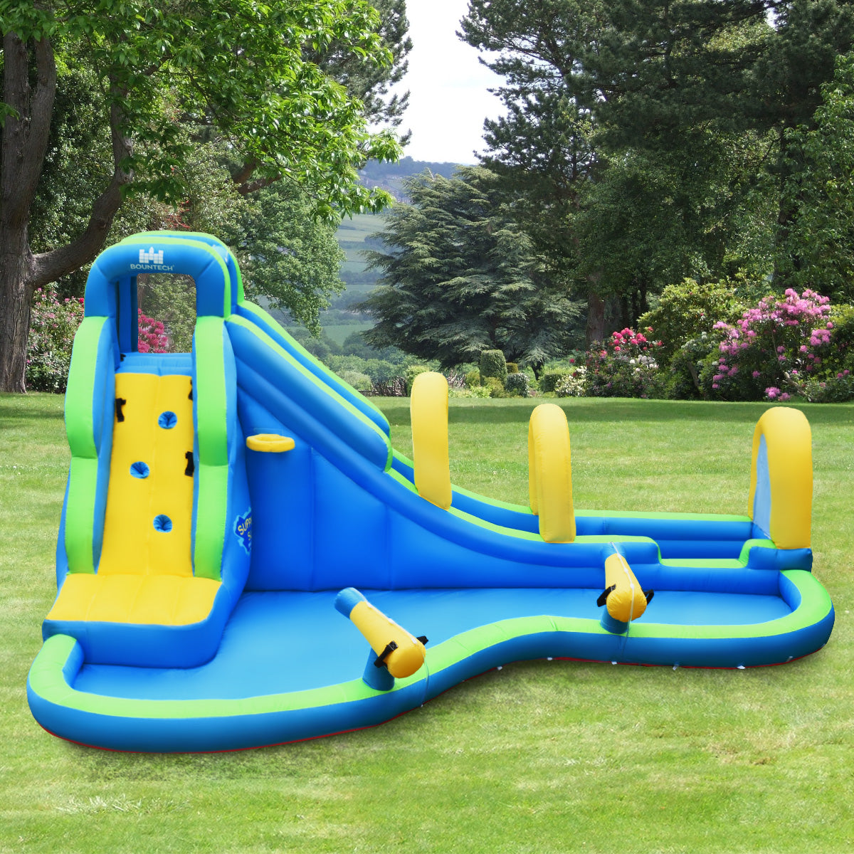 LIVSK Opblaasbaar Waterpark - Slijtvast Oxford-Materiaal - Waterglijbaan en Klimmuur - Veiligheidsontwerp - 478 x 365 x 242 cm