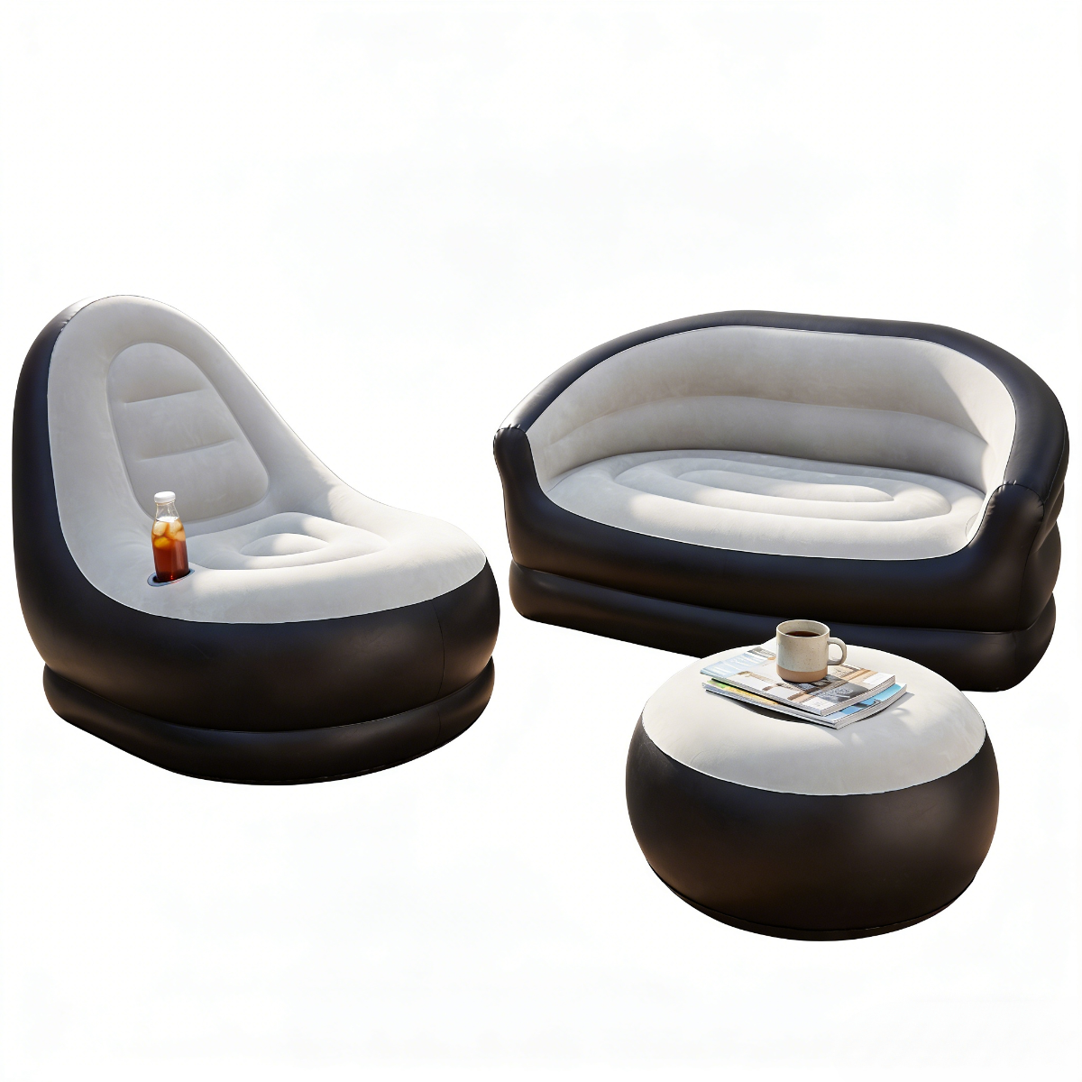 LIVSK Opblaasbare Bank - Zacht Velours - Draagbaar en Ergonomisch - Voor Binnen en Buiten - Grijs + Zwart