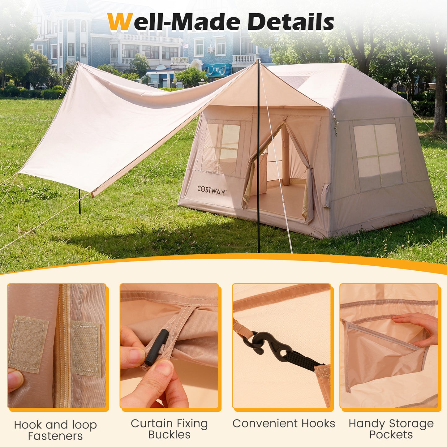 LIVSK Opblaasbare Campingtent - Geschikt voor 4-6 Personen - Snelle Opbouw - Waterafstotend - Ruime Binnenruimte - Khaki