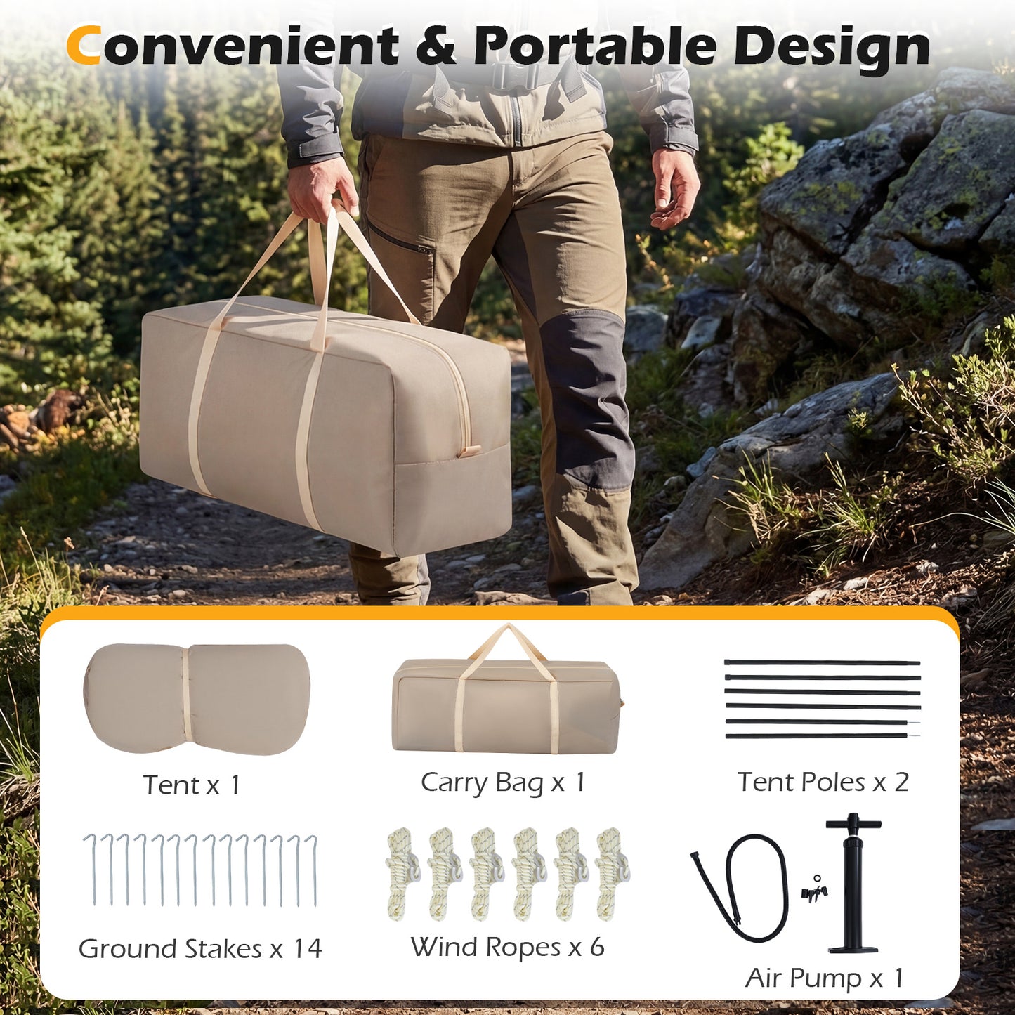 LIVSK Opblaasbare Campingtent - Ruimte voor 4-6 Personen - Snelle Opbouw - Waterdicht Oxford-Stof - Khaki