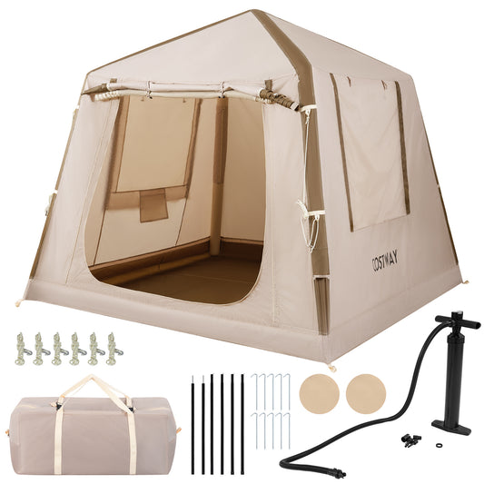 LIVSK Opblaasbare Campingtent - Voor 2-4 Personen - Snelle Inflatie - Muggennet Ramen - Oxford-Stof - Khaki